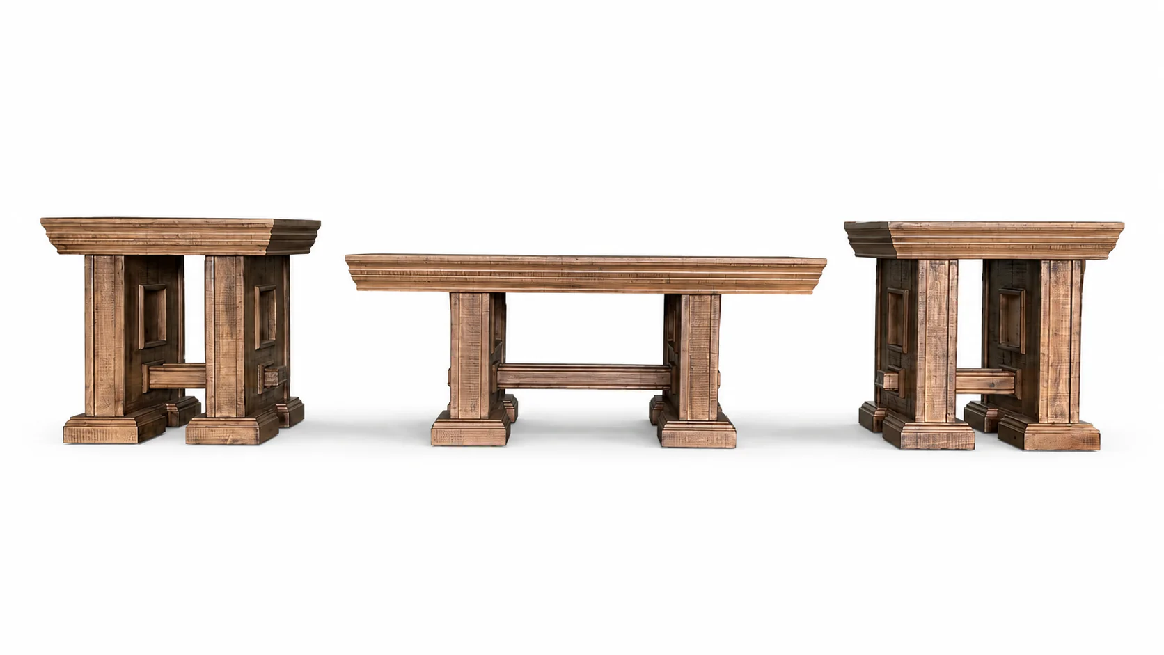 Rustic Brown Farmhouse 3-Piece Coffee Table Set with Pedestal Design