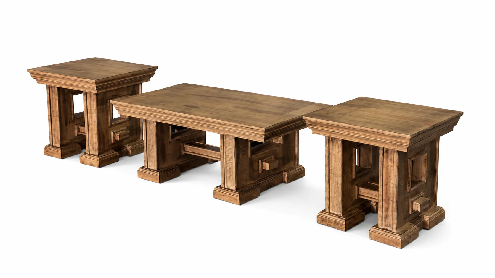 Rustic Brown Farmhouse 3-Piece Coffee Table Set with Pedestal Design