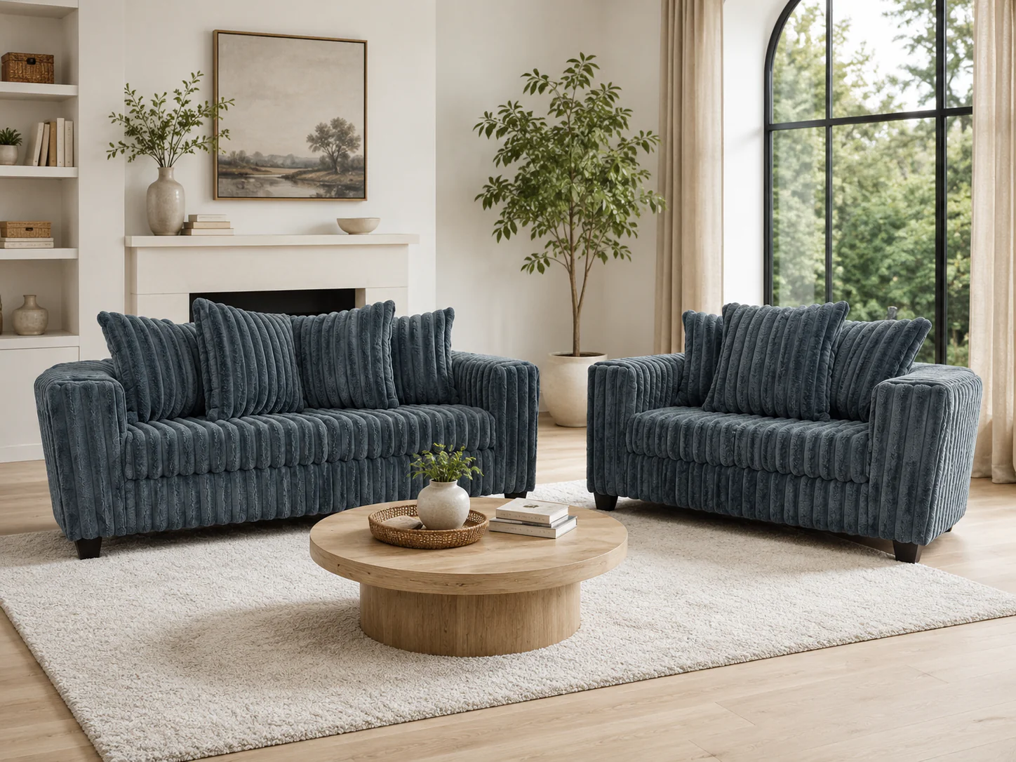Modern Charcoal Ribbed Plush Fabric 2-Piece Sofa and Loveseat Set