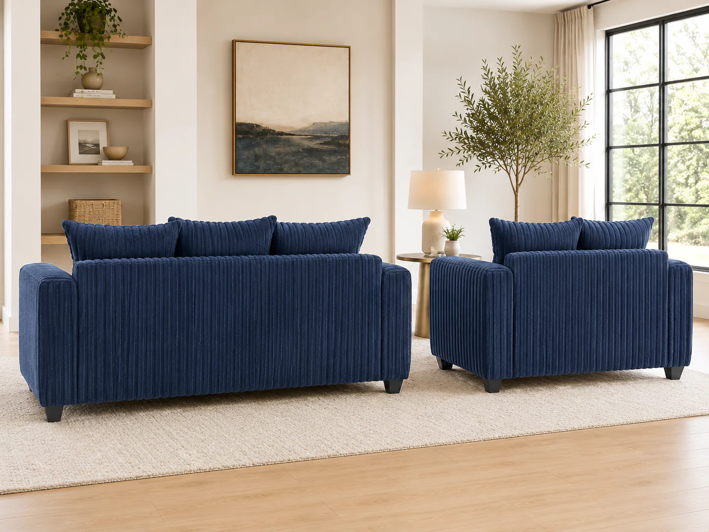 Contemporary Navy Blue Corduroy Fabric 2-Piece Sofa and Loveseat Set