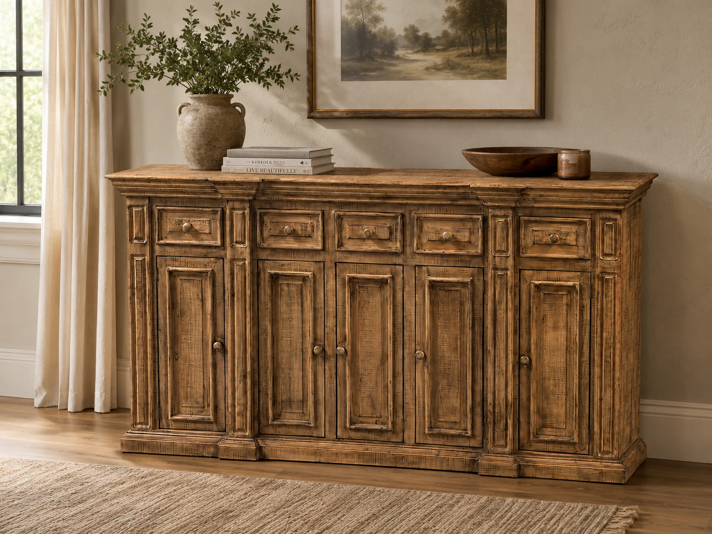 1673-rustic-solid-wood-brown-farmhouse-80-inch-sideboard-cabinet-with-door-drawer-storage-1.webp Rustic Solid Wood Brown Farmhouse 80-Inch Sideboard Cabinet with Door & Drawer Storage