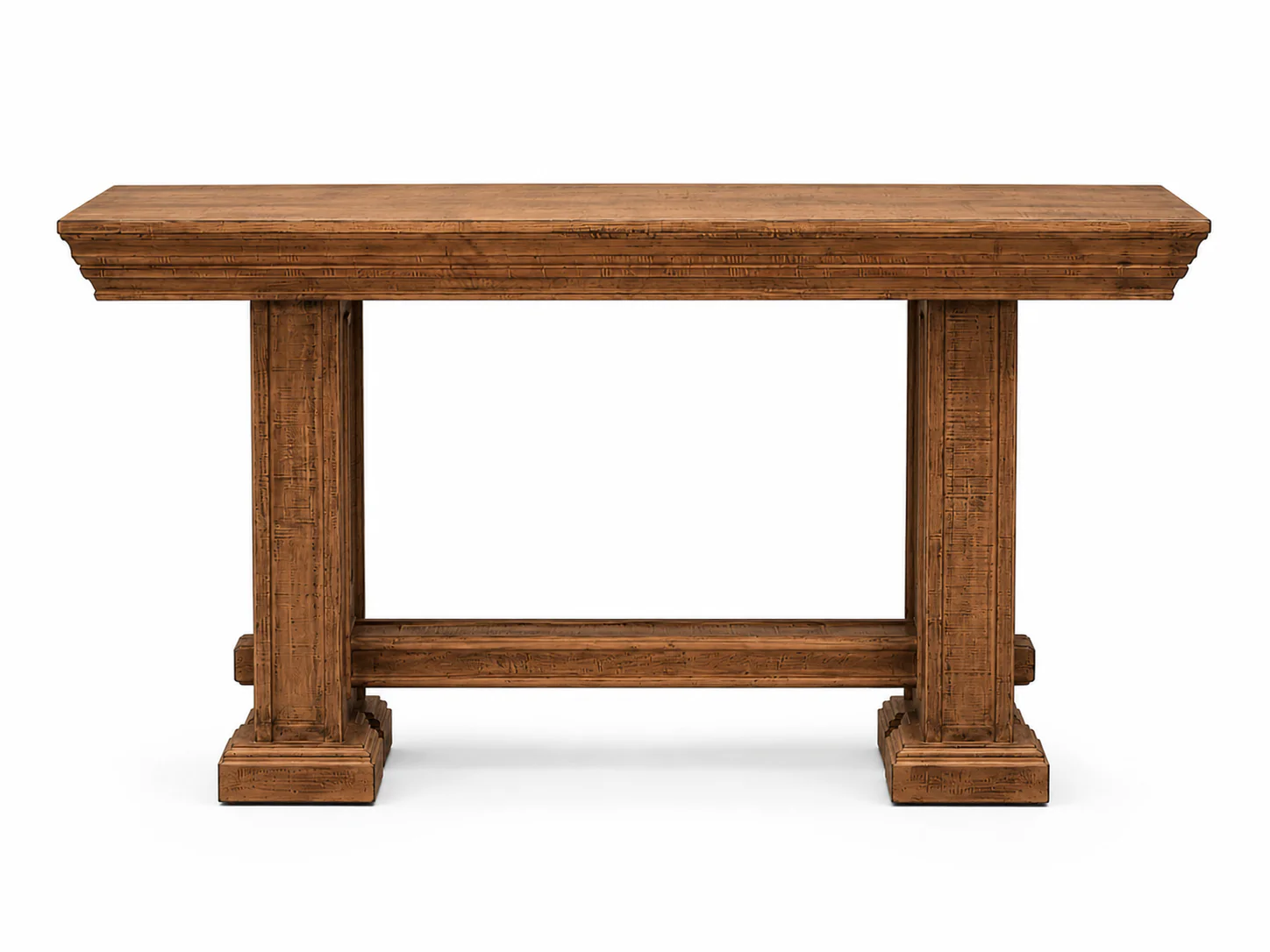 Rustic Brown Farmhouse Sofa Table with Pedestal Base Design
