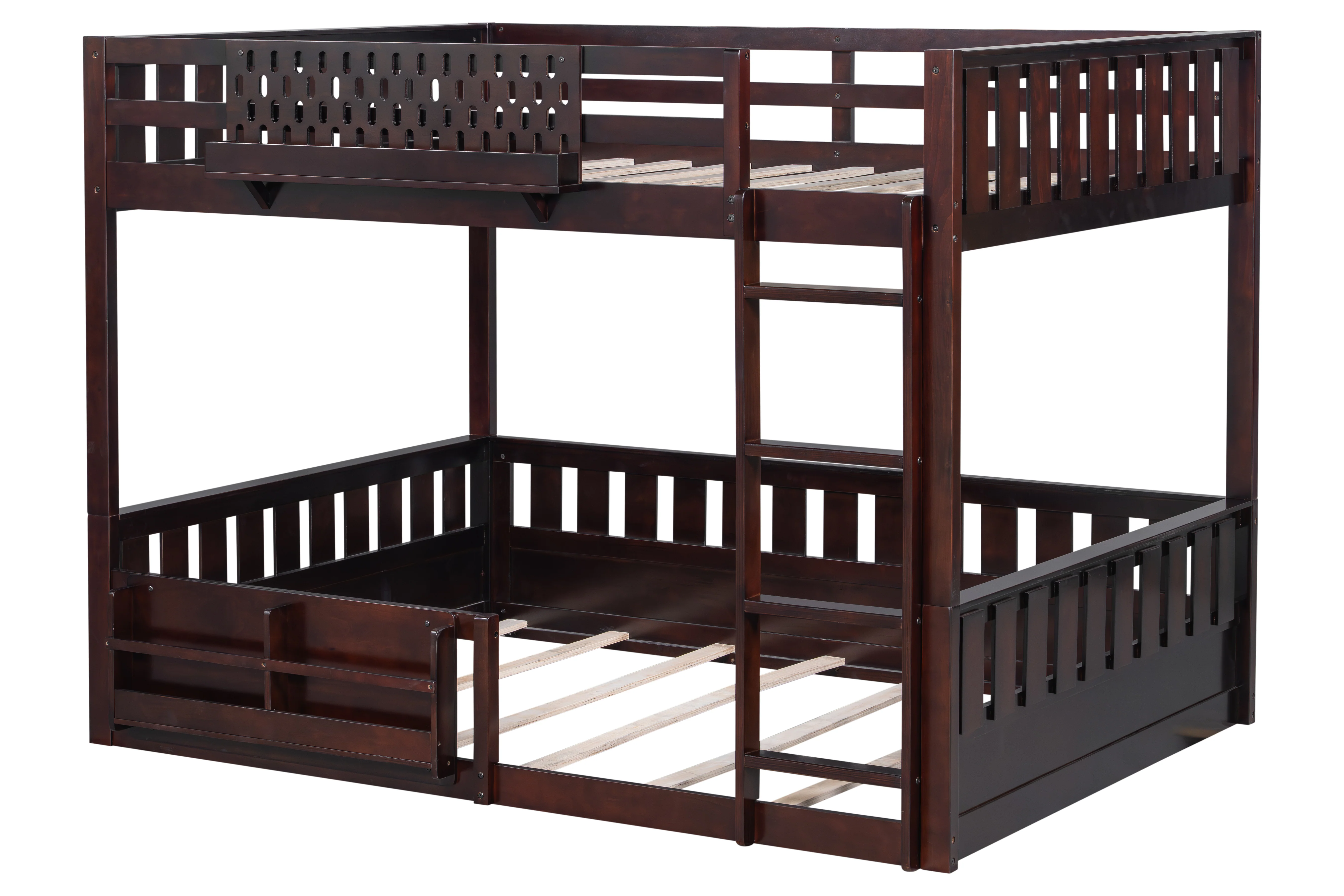 Espresso Full-Over-Full Bunk Bed with Built-In Bookshelf, Guardrail, and Ladder