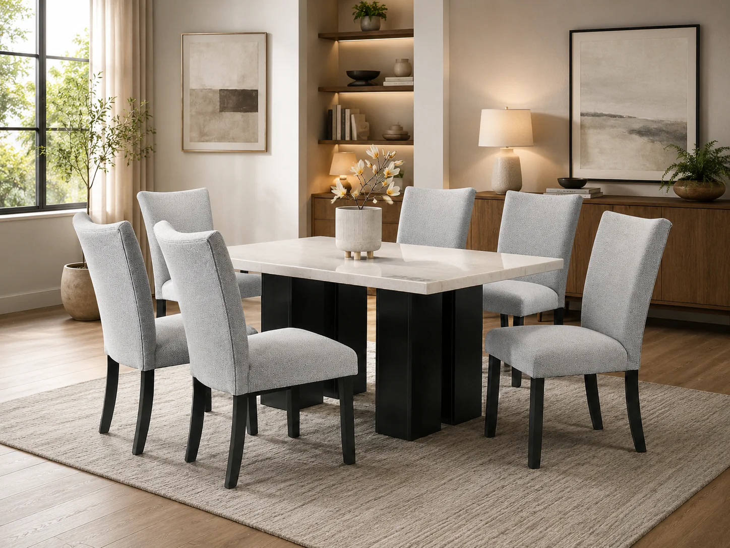 1677-modern-7-piece-black-bianco-marble-top-dining-set-with-gray-upholstered-chairs-1.webp Modern 7-Piece Black Bianco Marble Top Dining Set with Gray Upholstered Chairs