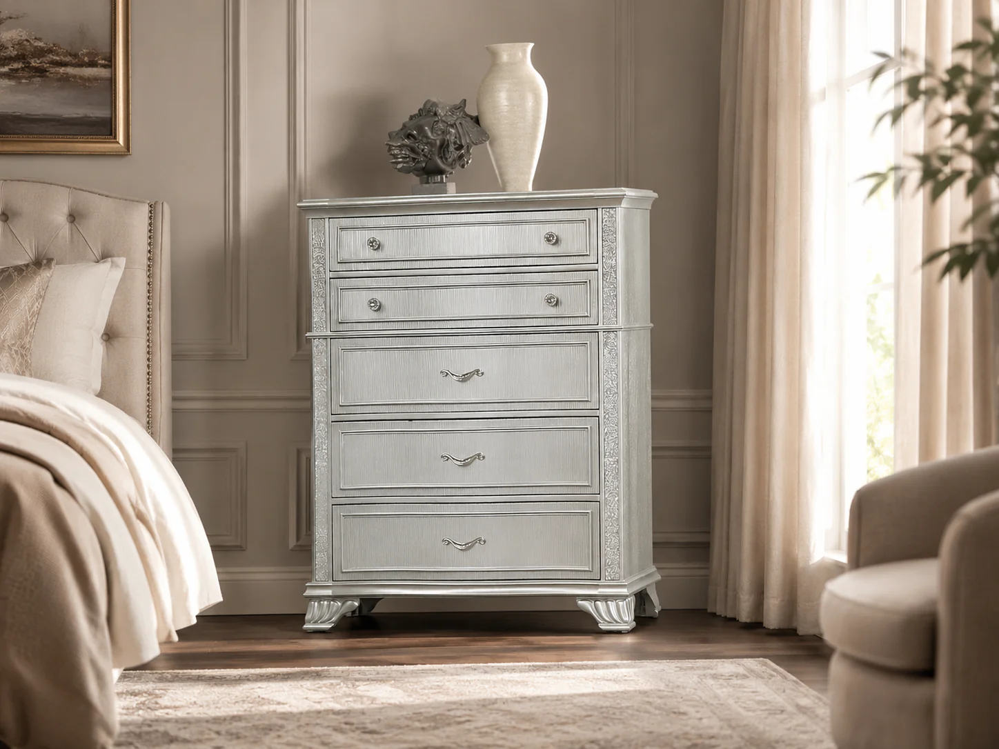 Glam 5-Drawer Tall Chest of Drawers in Silver with Crystal-Accent Hardware