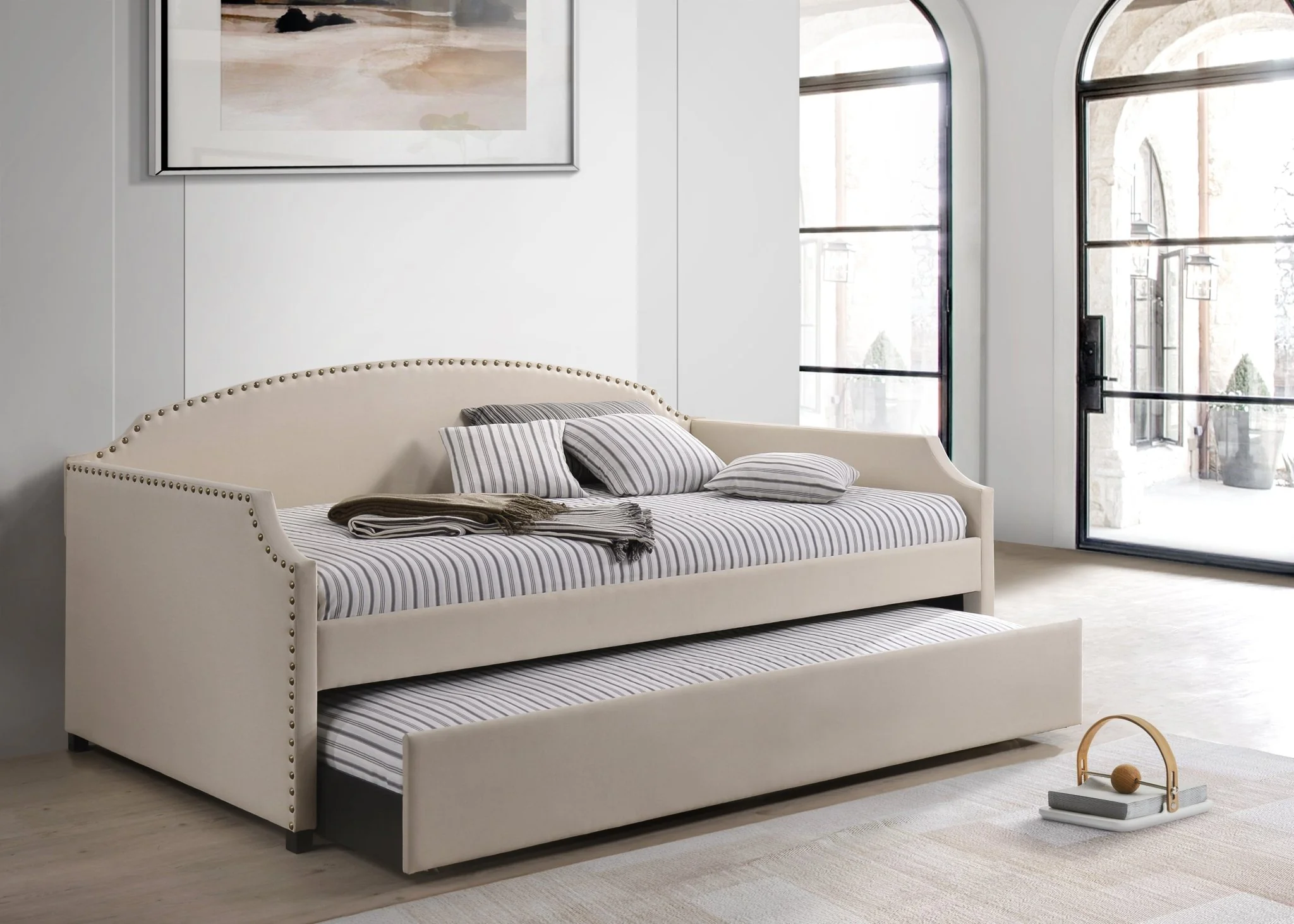 Ivory Upholstered Twin Daybed with Trundle & Nailhead Trim