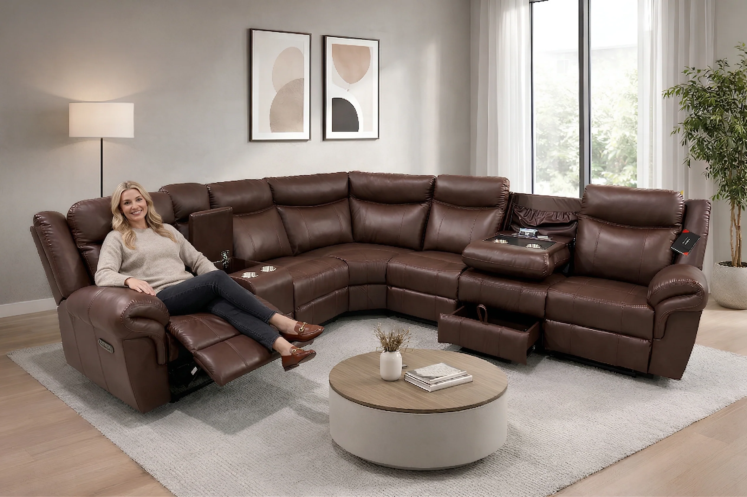 Modern Power Reclining Sectional with Power Headrests, Drop-Down Table, Cup Holders, USB/AC Power & Storage (Brown)