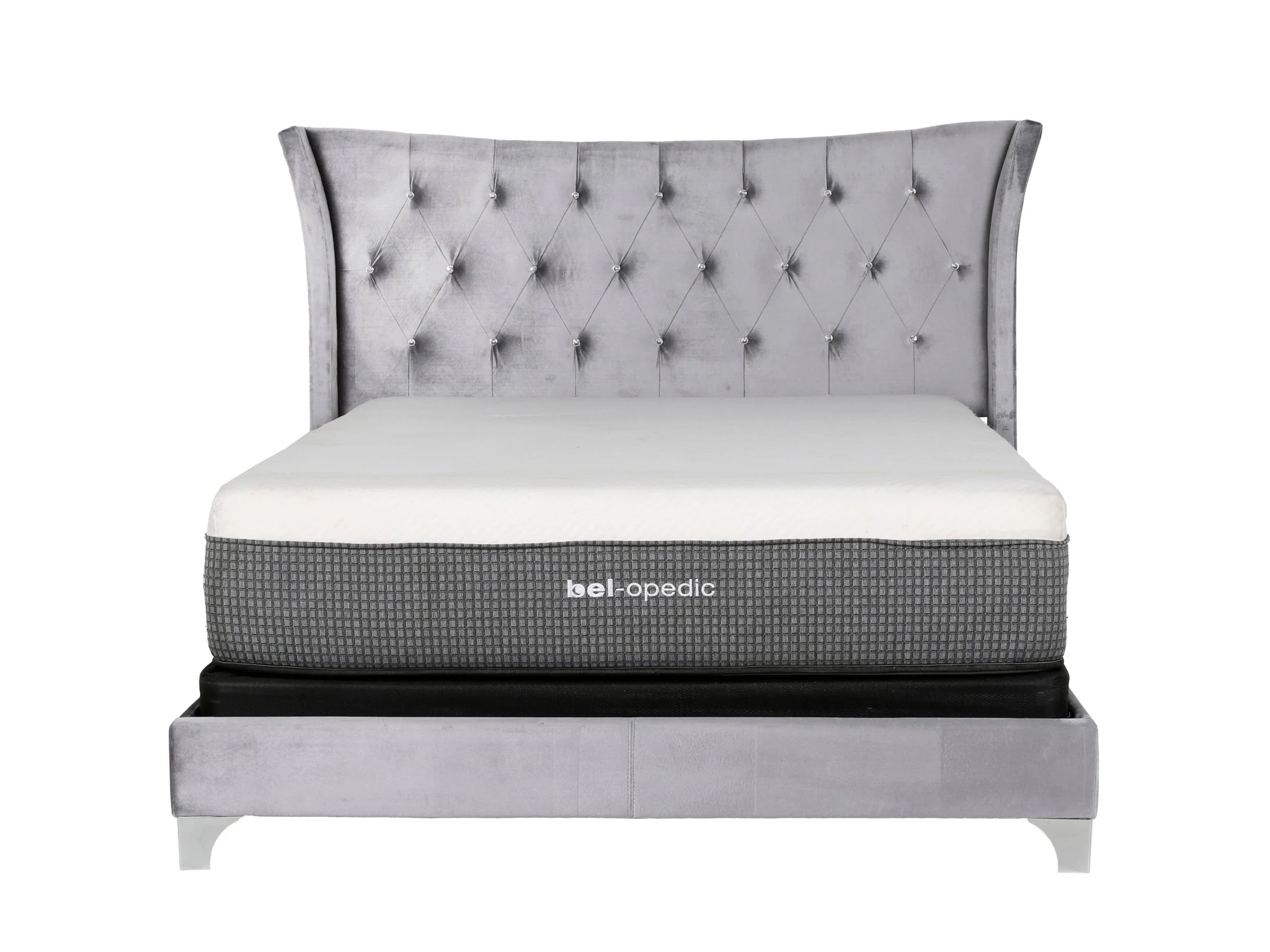 Grey Velvet Wingback Upholstered Bed with Crystal Tufting