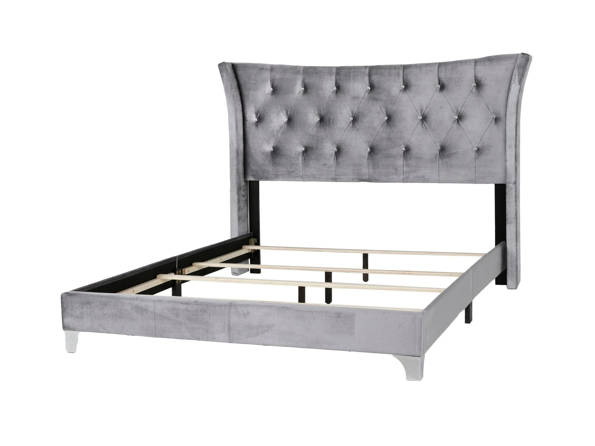 Grey Velvet Wingback Upholstered Bed with Crystal Tufting