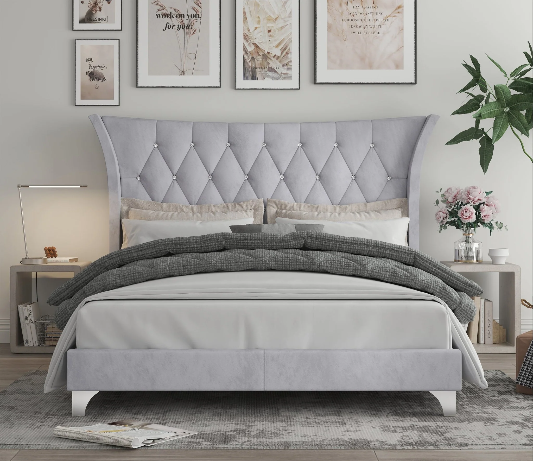 Grey Velvet Wingback Upholstered Bed with Crystal Tufting
