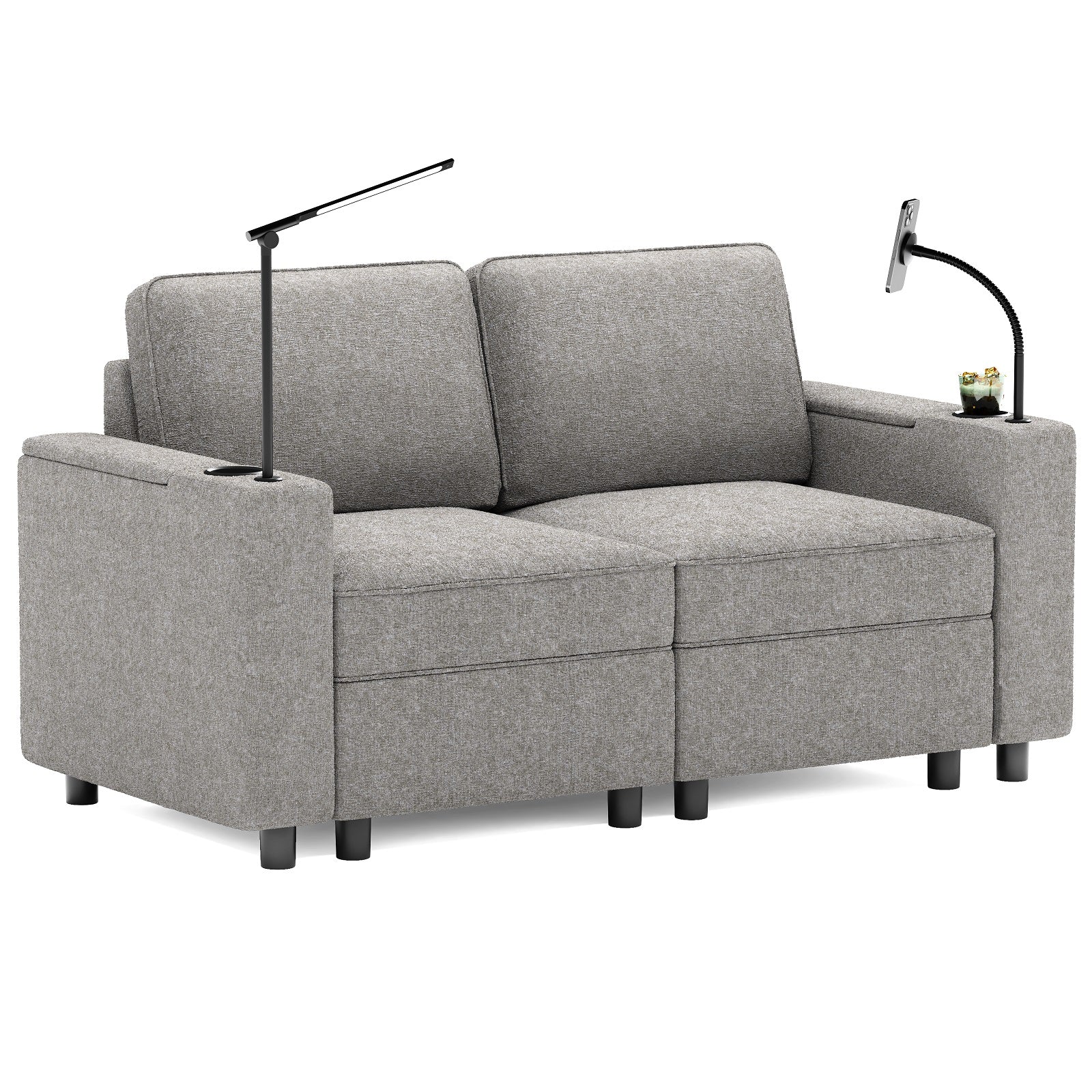 Gray Fabric Loveseat with Built-In Arm Lights, Phone Holder & Modern Compact Design