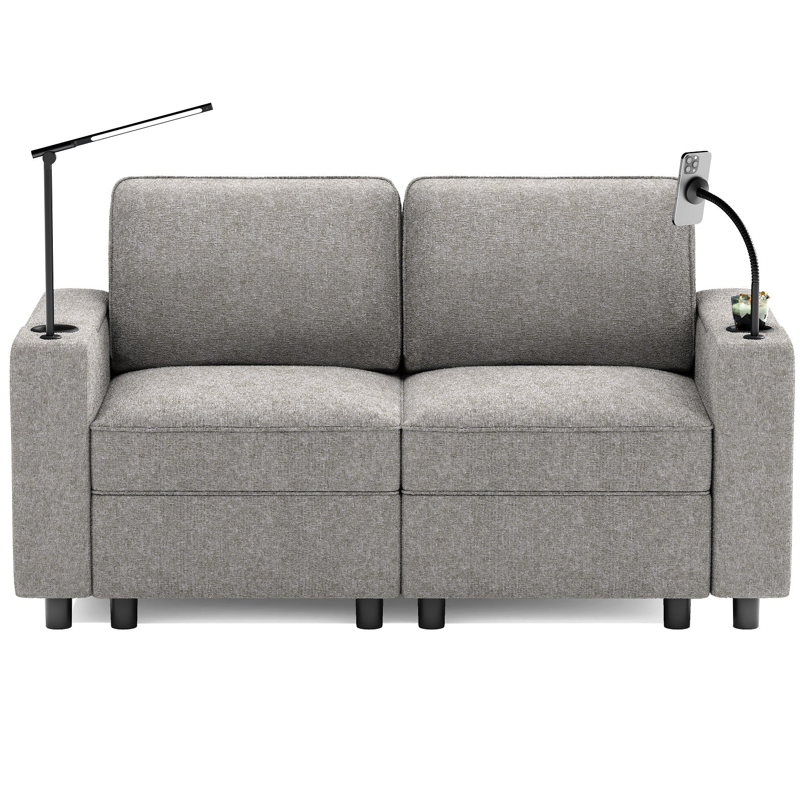 Gray Fabric Loveseat with Built-In Arm Lights, Phone Holder & Modern Compact Design