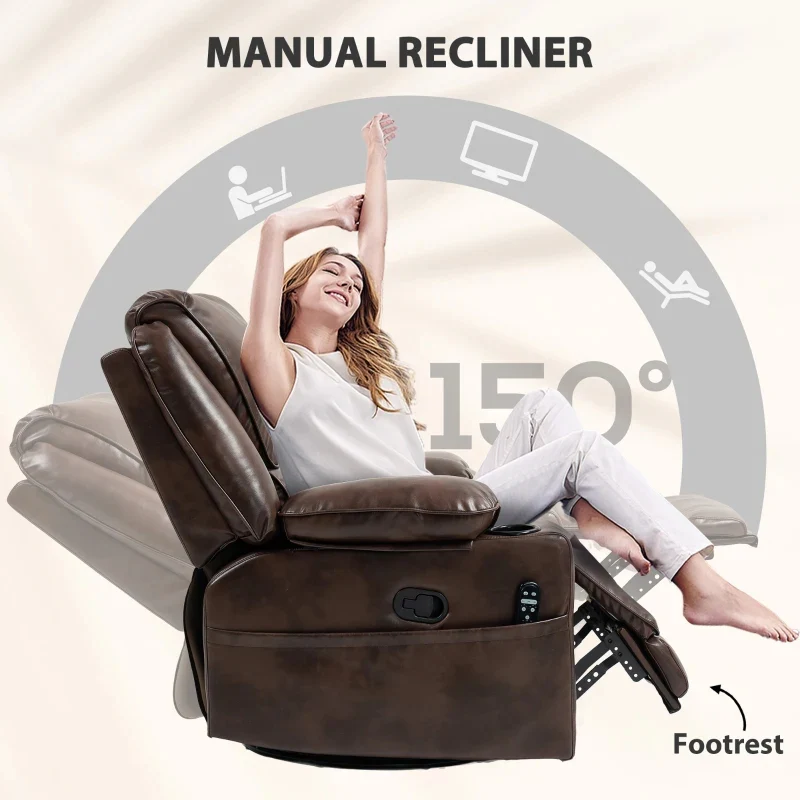 Dark Brown Swivel Rocker Massage Recliner Chair with Cup Holders