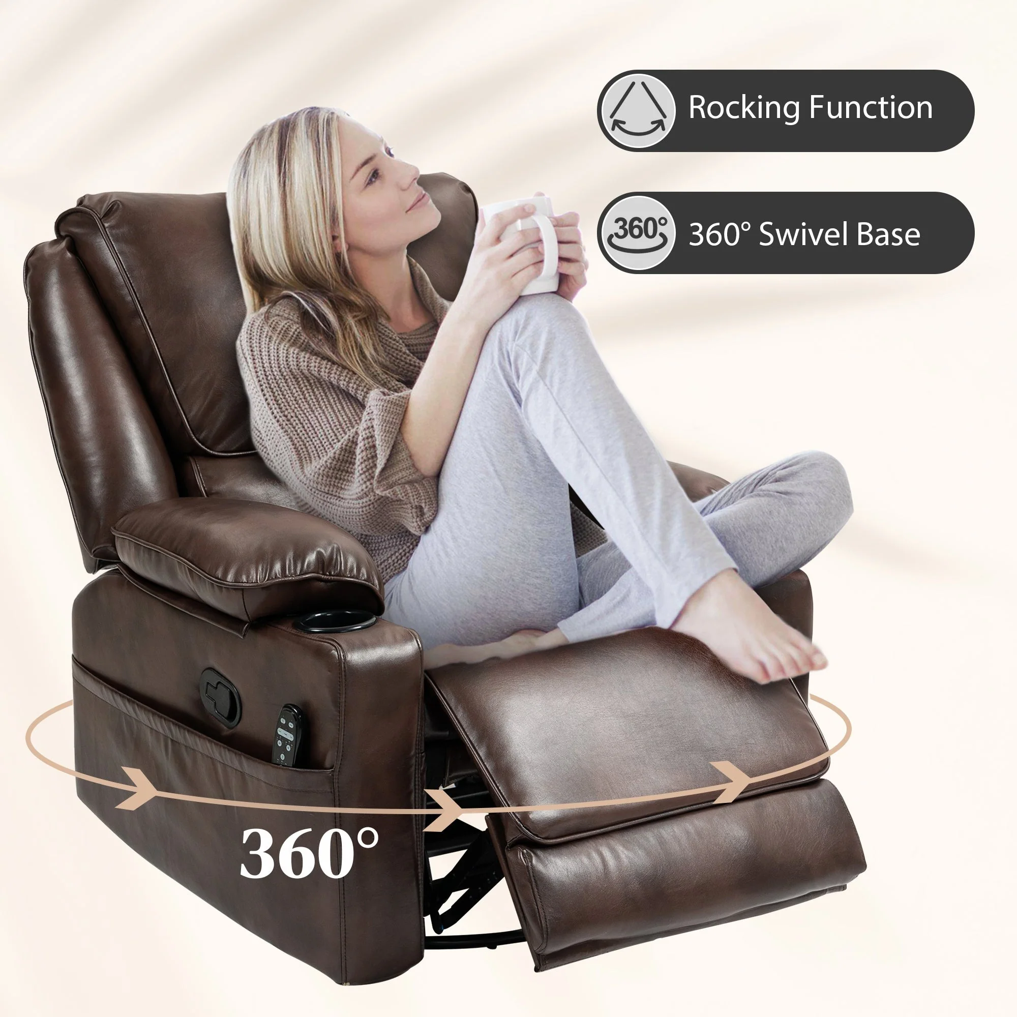 Dark Brown Swivel Rocker Massage Recliner Chair with Cup Holders