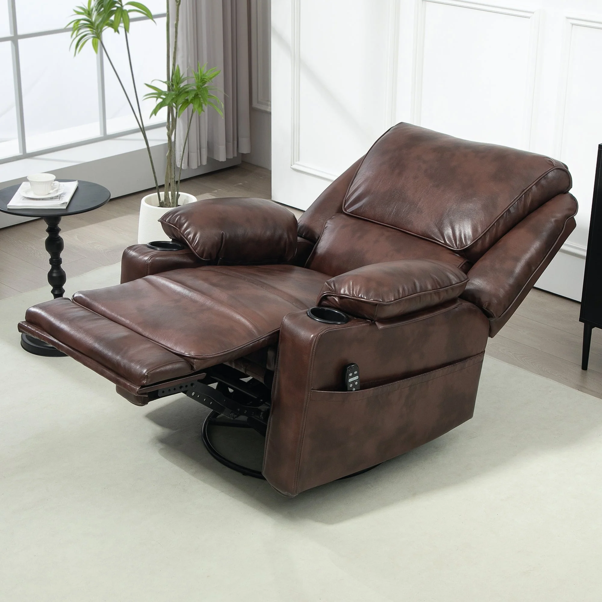 Dark Brown Swivel Rocker Massage Recliner Chair with Cup Holders