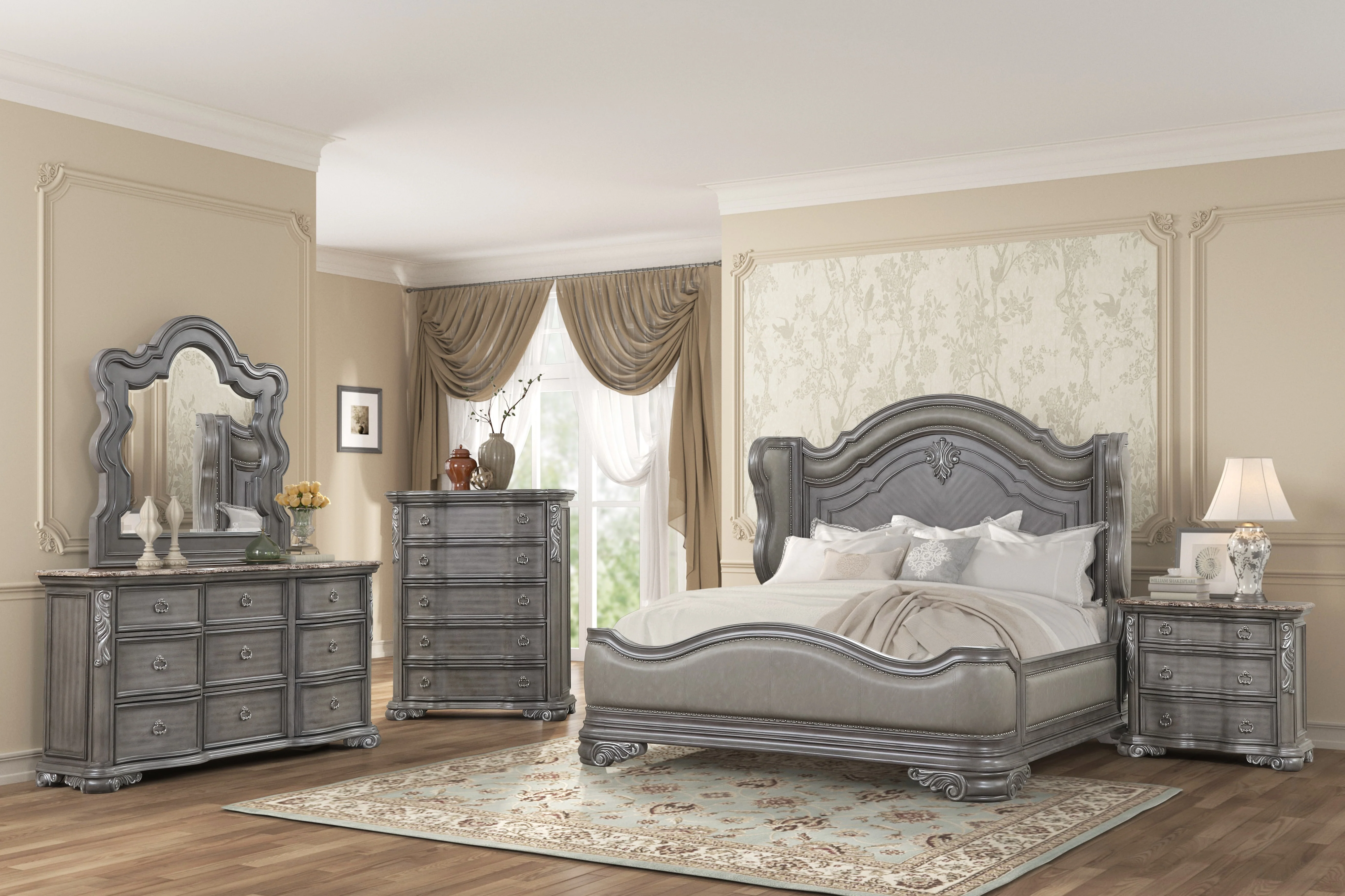 Gray Ornate Carved 5-Drawer Bedroom Chest with Marble Insert Top