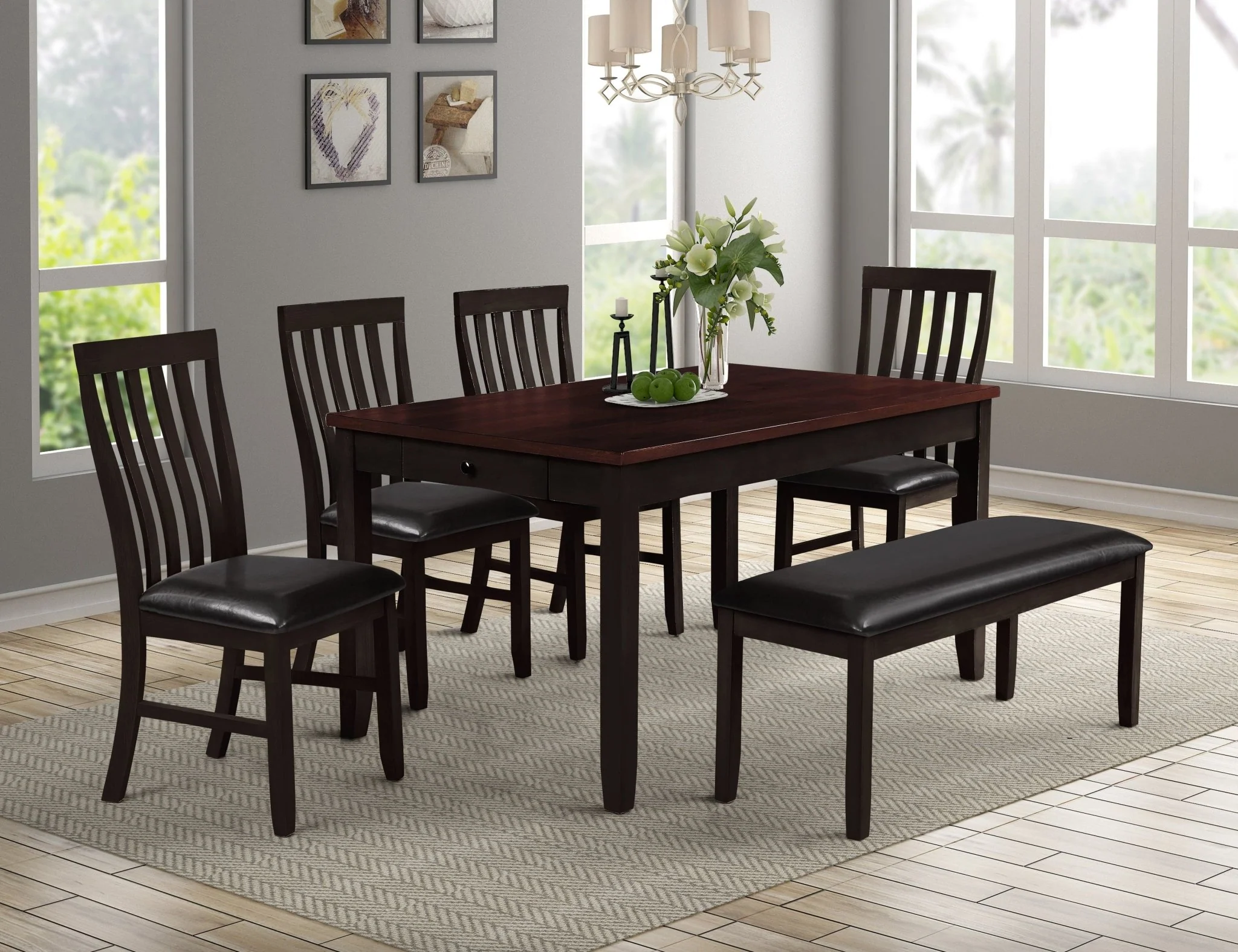 6-Piece Espresso Dining Room Set with Bench and Upholstered Chairs