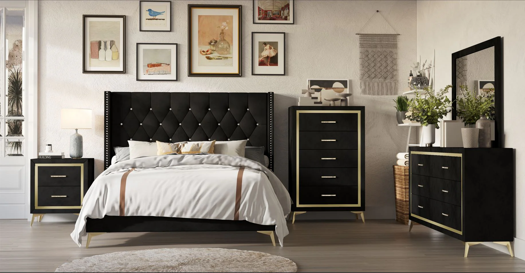 Black & Gold Glam Upholstered Bedroom Set (Bed, Dresser & Mirror, Nightstand)