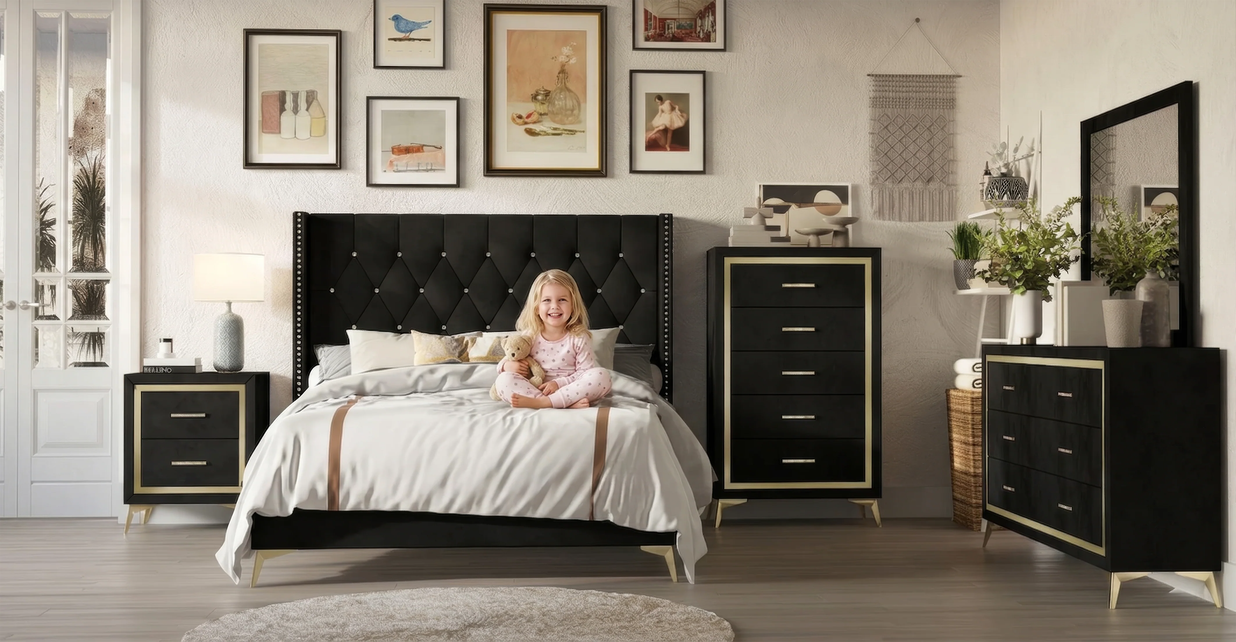 18-black-gold-glam-upholstered-bedroom-set-bed-dresser-mirror-nightstand-2.webp Black & Gold Glam Upholstered Bedroom Set (Bed, Dresser & Mirror, Nightstand)