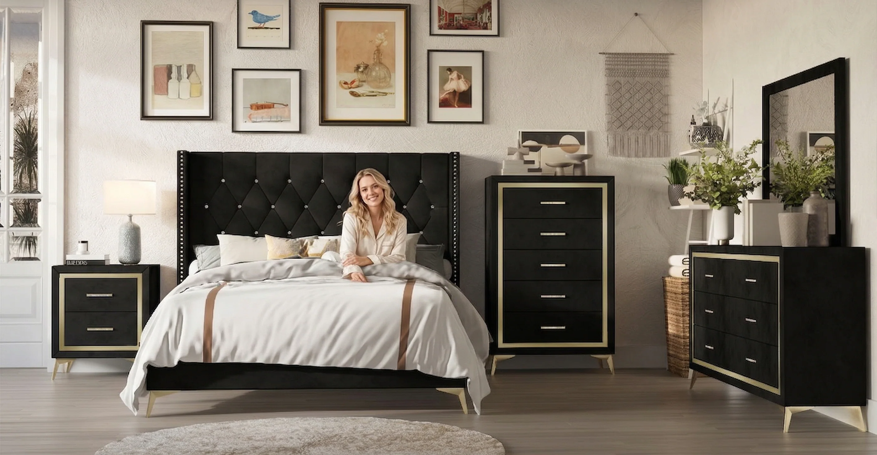 18-black-gold-glam-upholstered-bedroom-set-bed-dresser-mirror-nightstand-3.webp Black & Gold Glam Upholstered Bedroom Set (Bed, Dresser & Mirror, Nightstand)