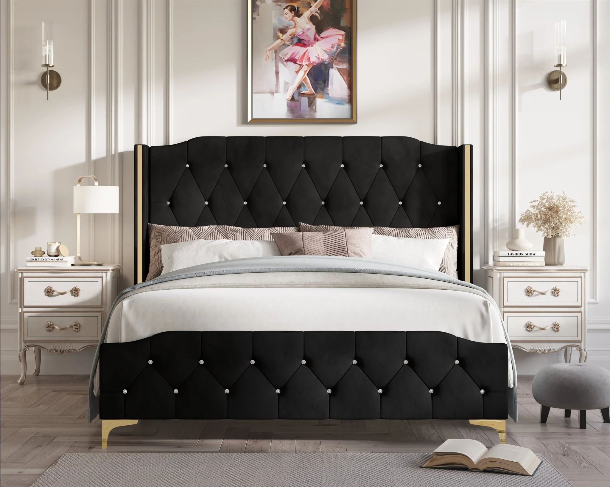 Black Velvet & Gold Tufted Panel Bed