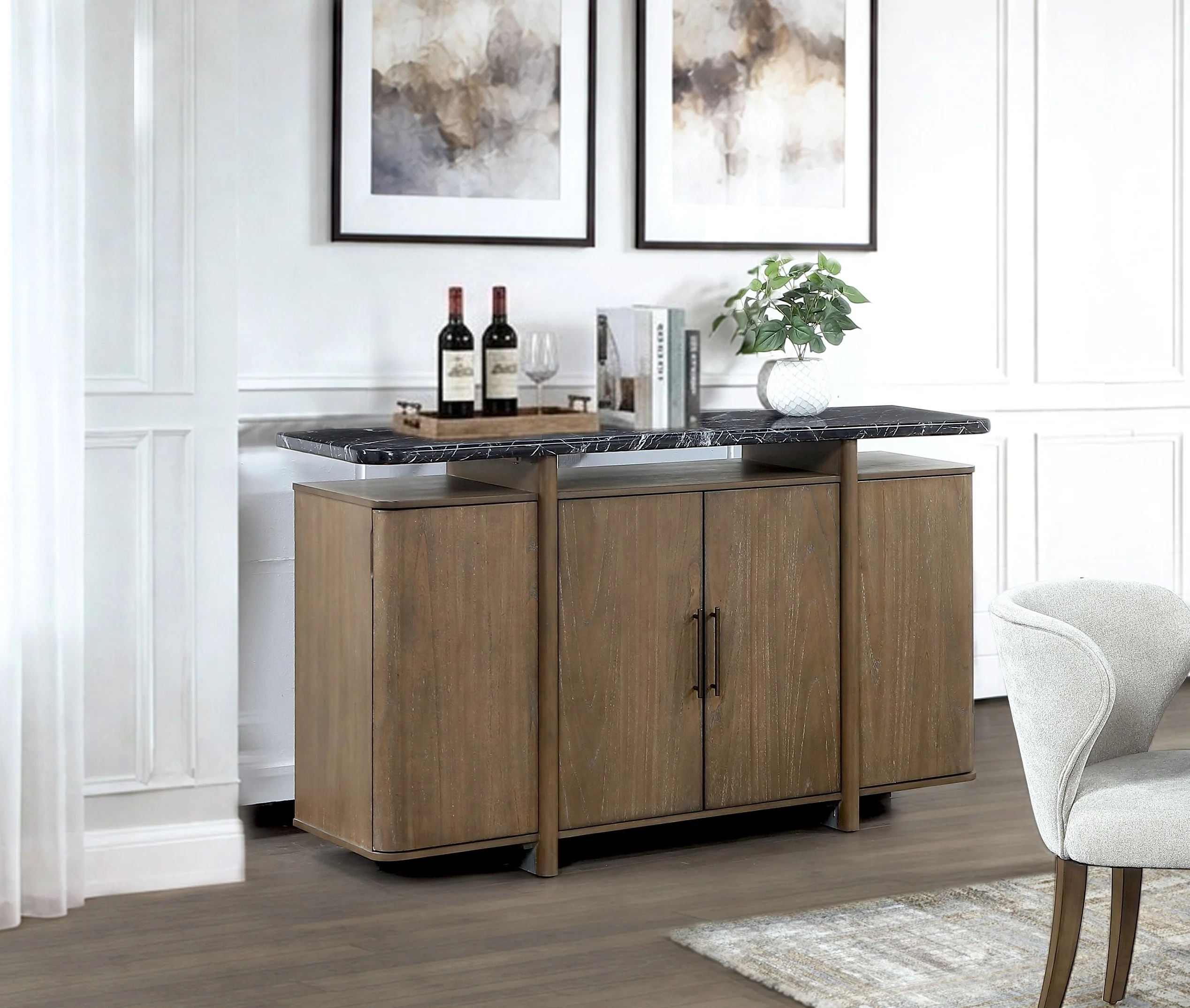 Contemporary Dark Walnut Brown & Black Marble-Look Sideboard Buffet Cabinet