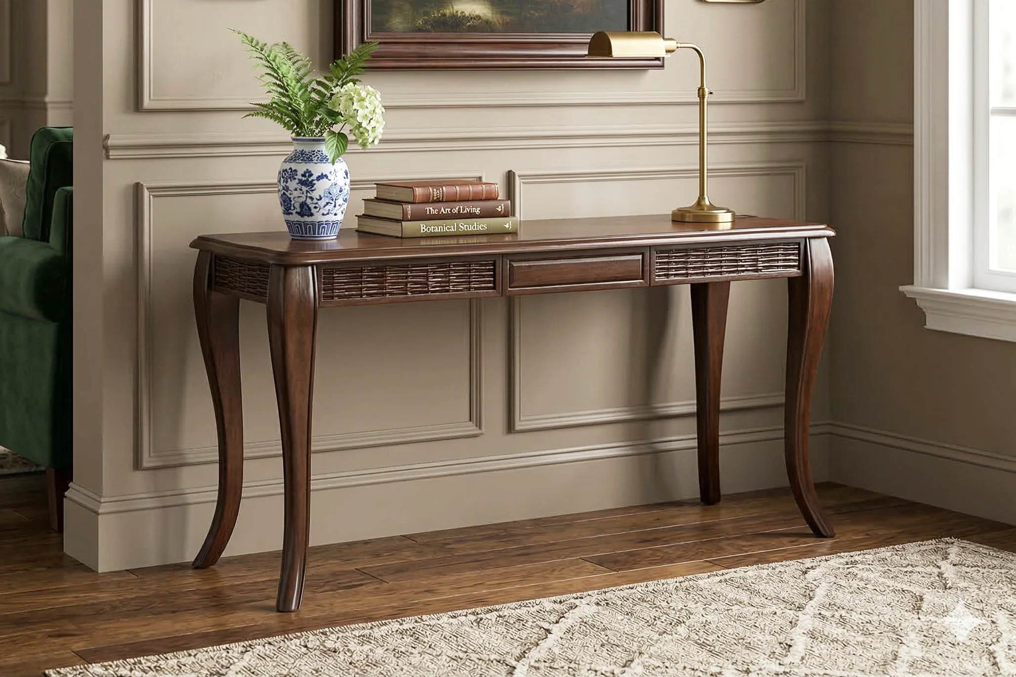 1941-traditional-dark-wood-sofa-table-with-curved-legs-1.webp Traditional Dark Wood Sofa Table with Curved Legs