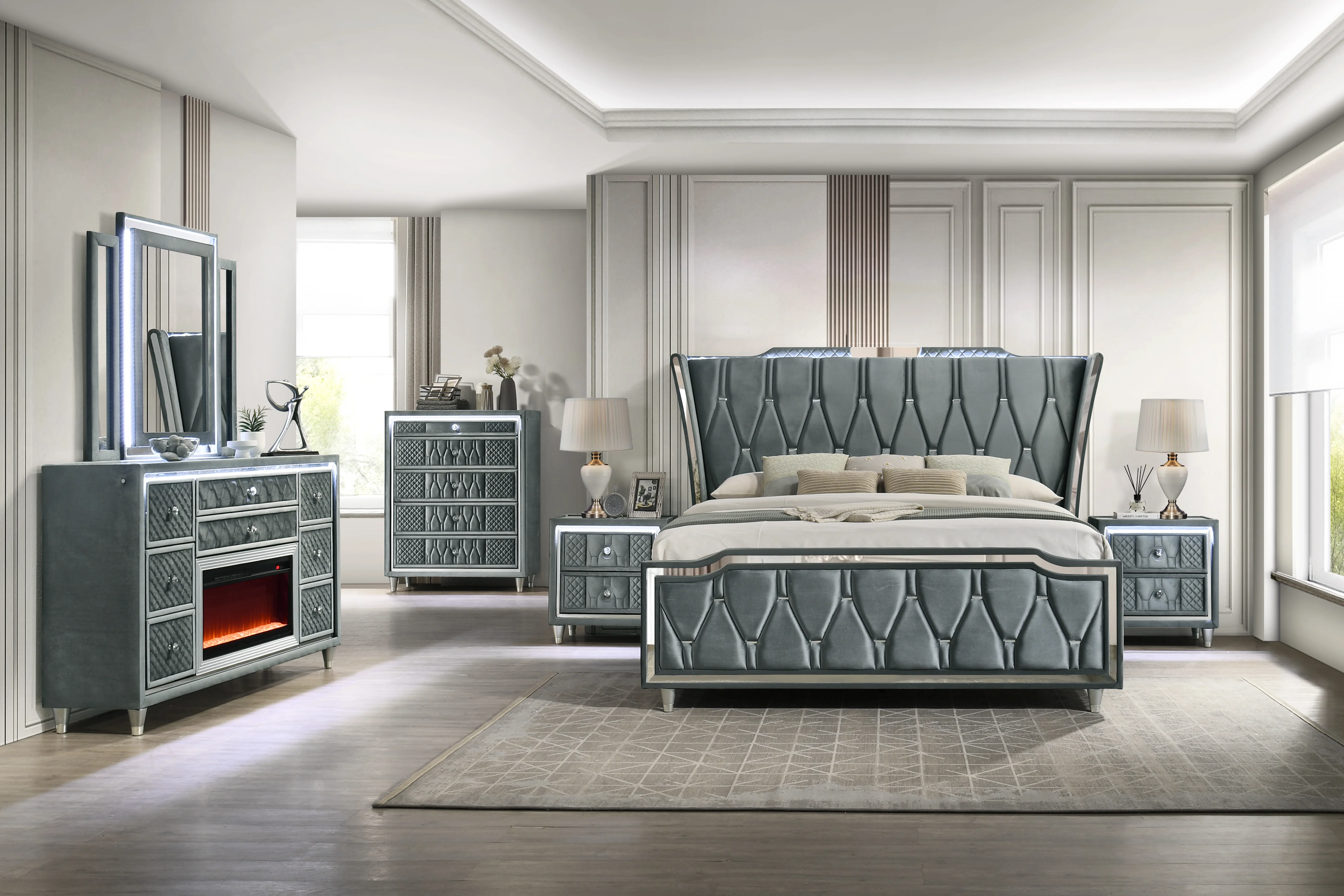 Modern Gray Velvet Chest with LED and Glass Top