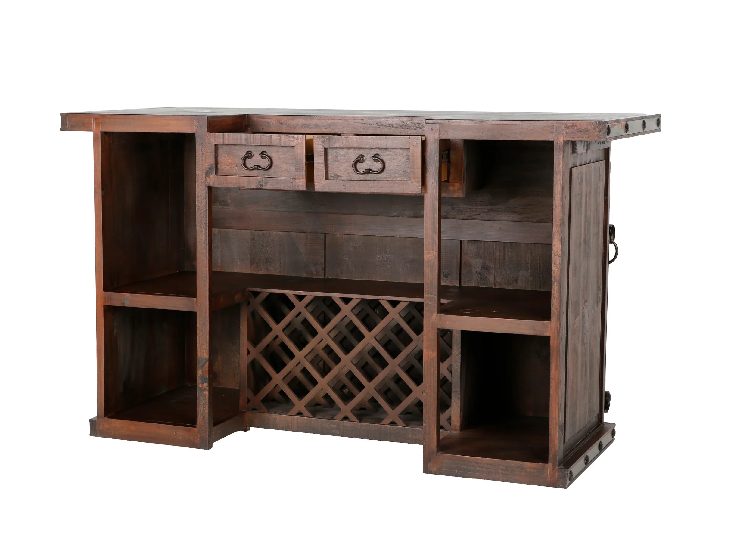Hacienda Rustic Bar Table with Wine Rack & Open Shelving