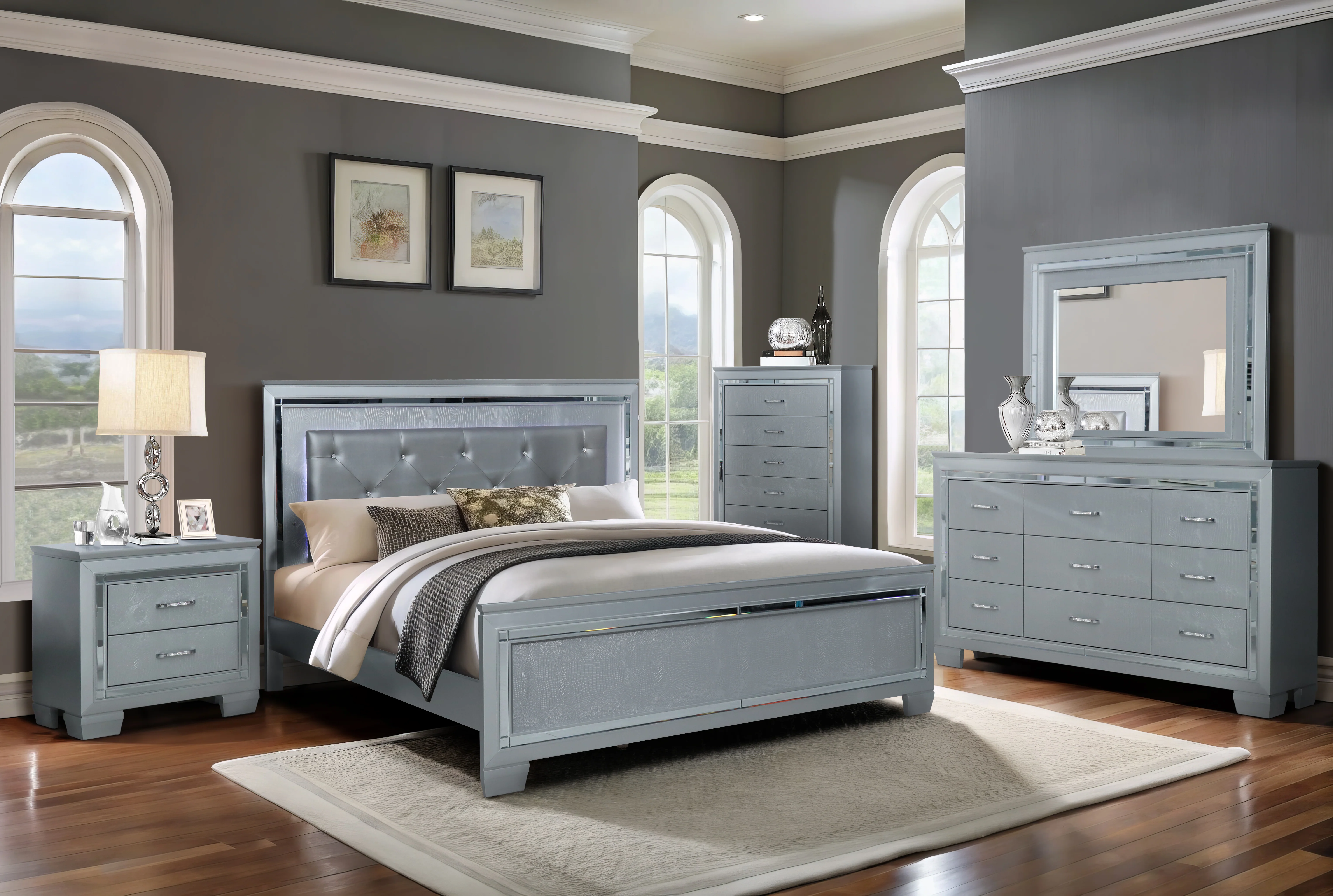 Silver Glam USB Nightstand with Crocodile-Texture Drawer Fronts