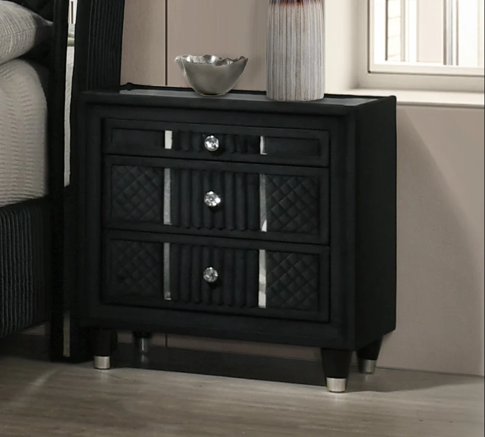 Velvet Black Glam Nightstand with Corduroy Accents