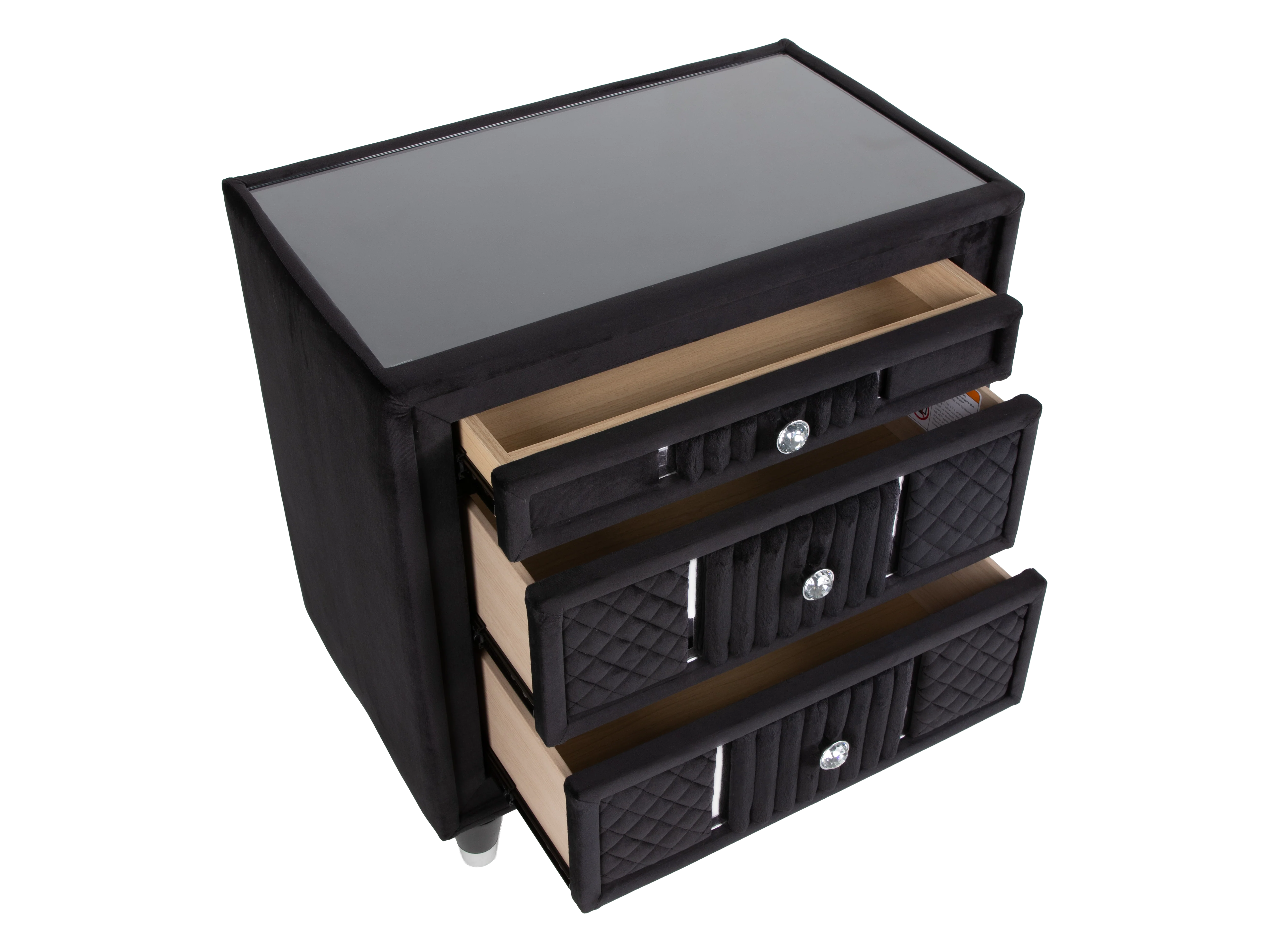 Velvet Black Glam Nightstand with Corduroy Accents