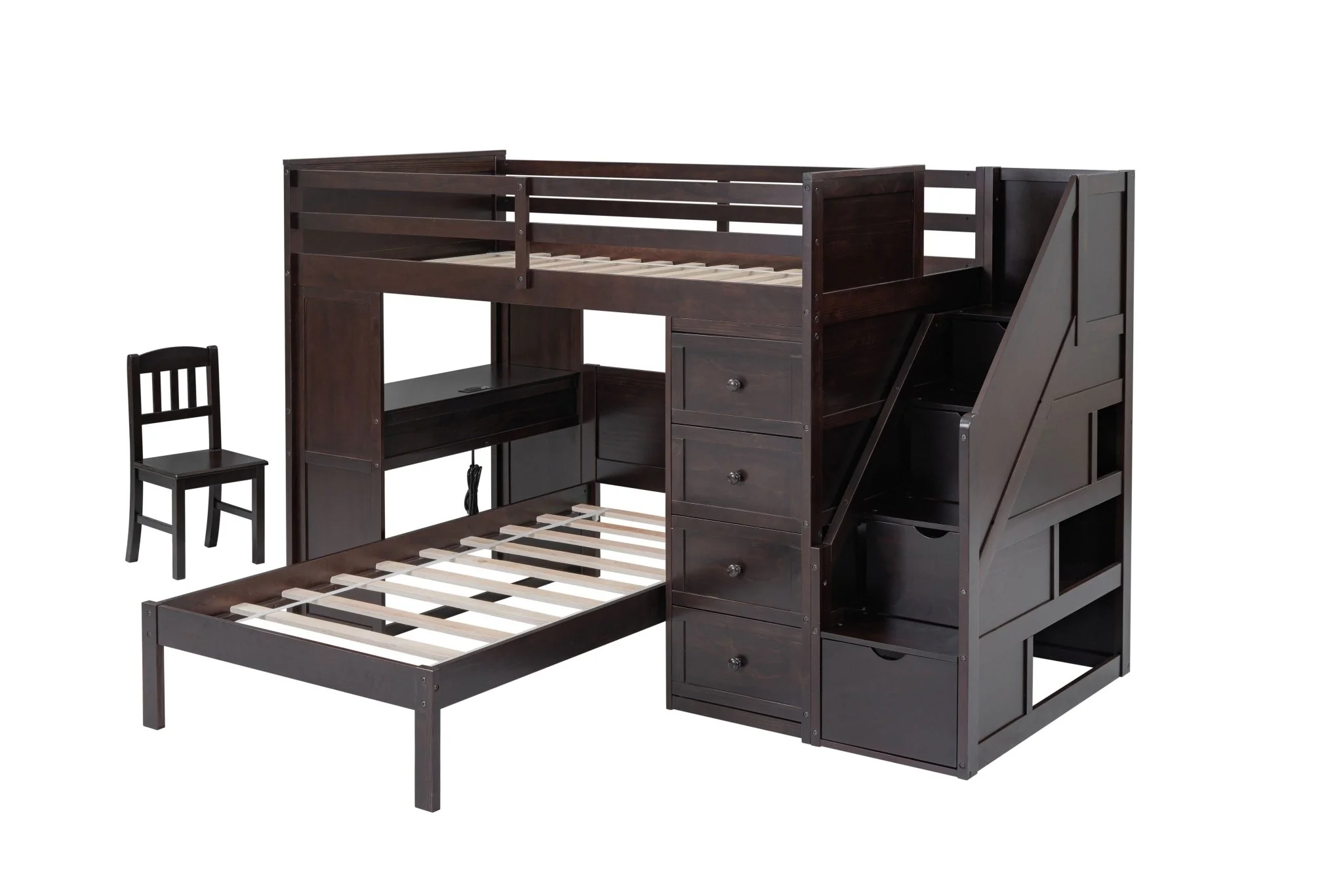 Twin Bunk Bed Set with Storage Stairs, Desk, and Chair – Espresso Finish