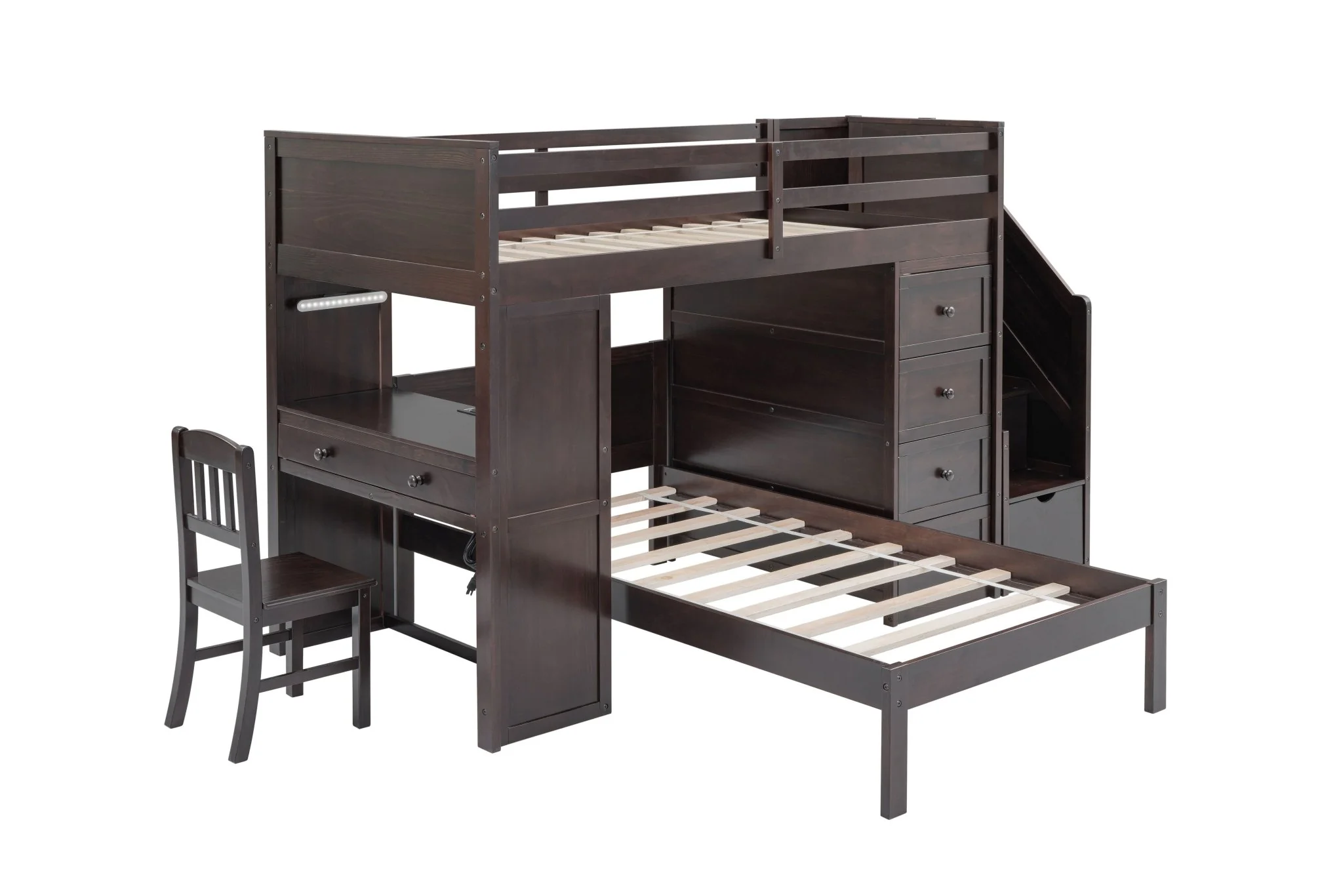 Twin Bunk Bed Set with Storage Stairs, Desk, and Chair – Espresso Finish