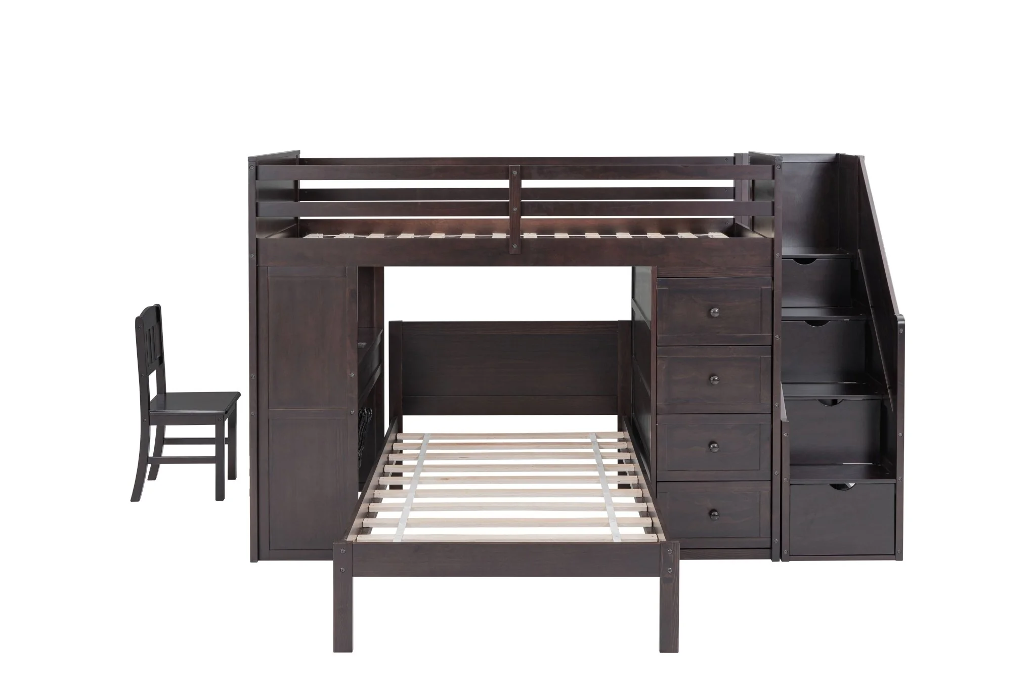Twin Bunk Bed Set with Storage Stairs, Desk, and Chair – Espresso Finish