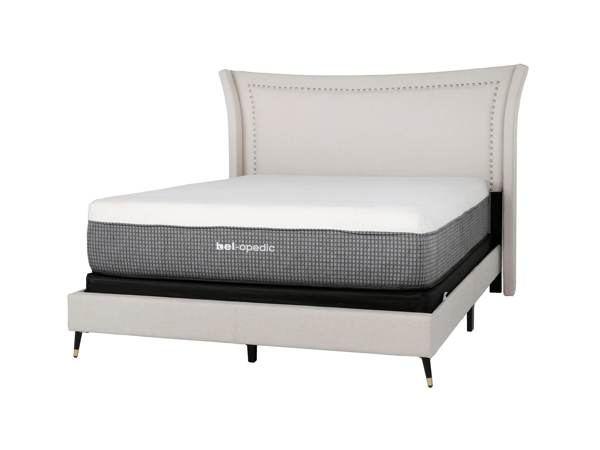 Fog Upholstered Wingback Bed with Nailhead Trim