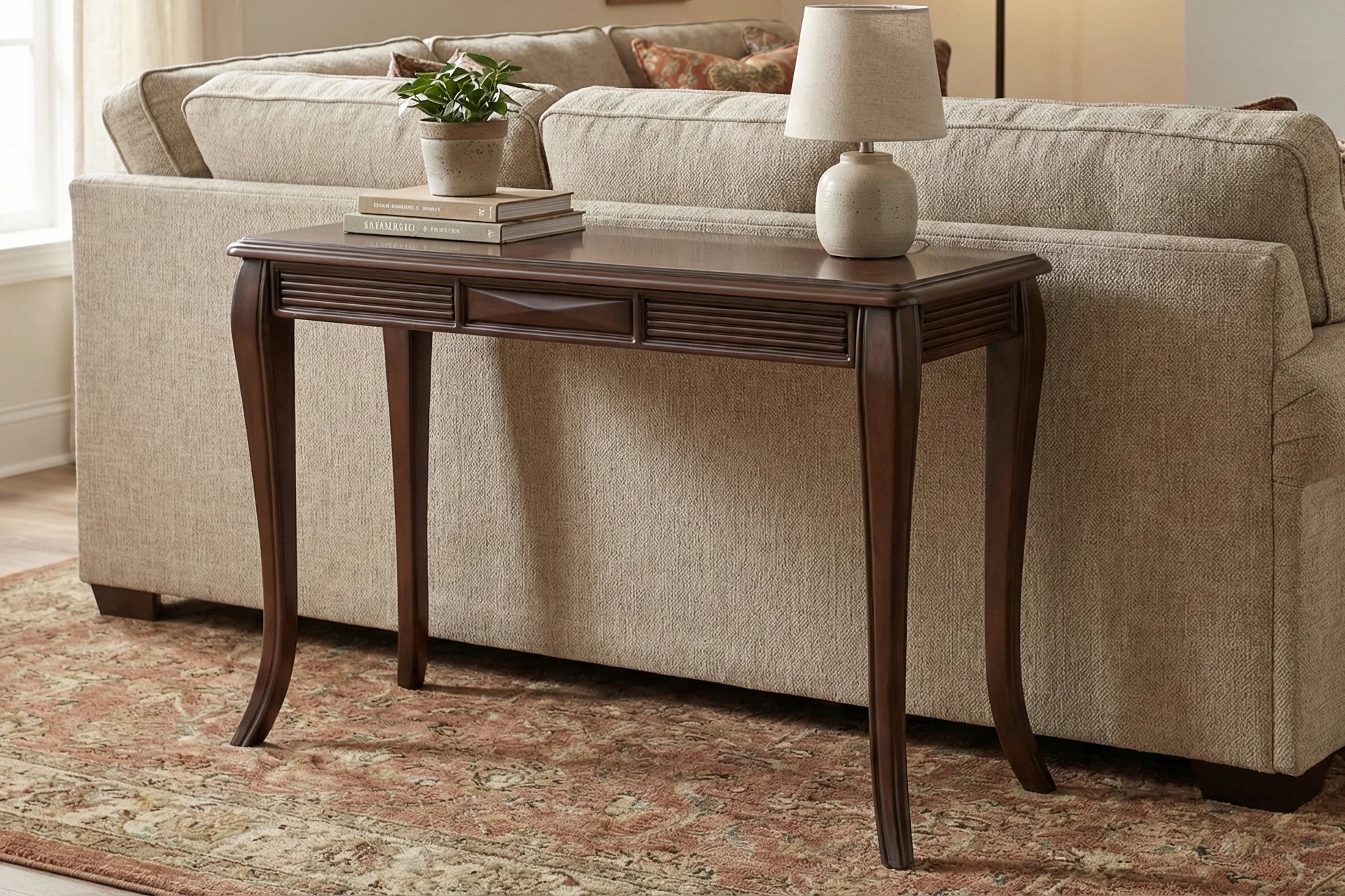 2107-transitional-dark-brown-sofa-table-with-framed-inlay-style-top-fluted-apron-details-curved-legs-1.webp Transitional Dark Brown Sofa Table with Framed Inlay-Style Top, Fluted Apron Details & Curved Legs