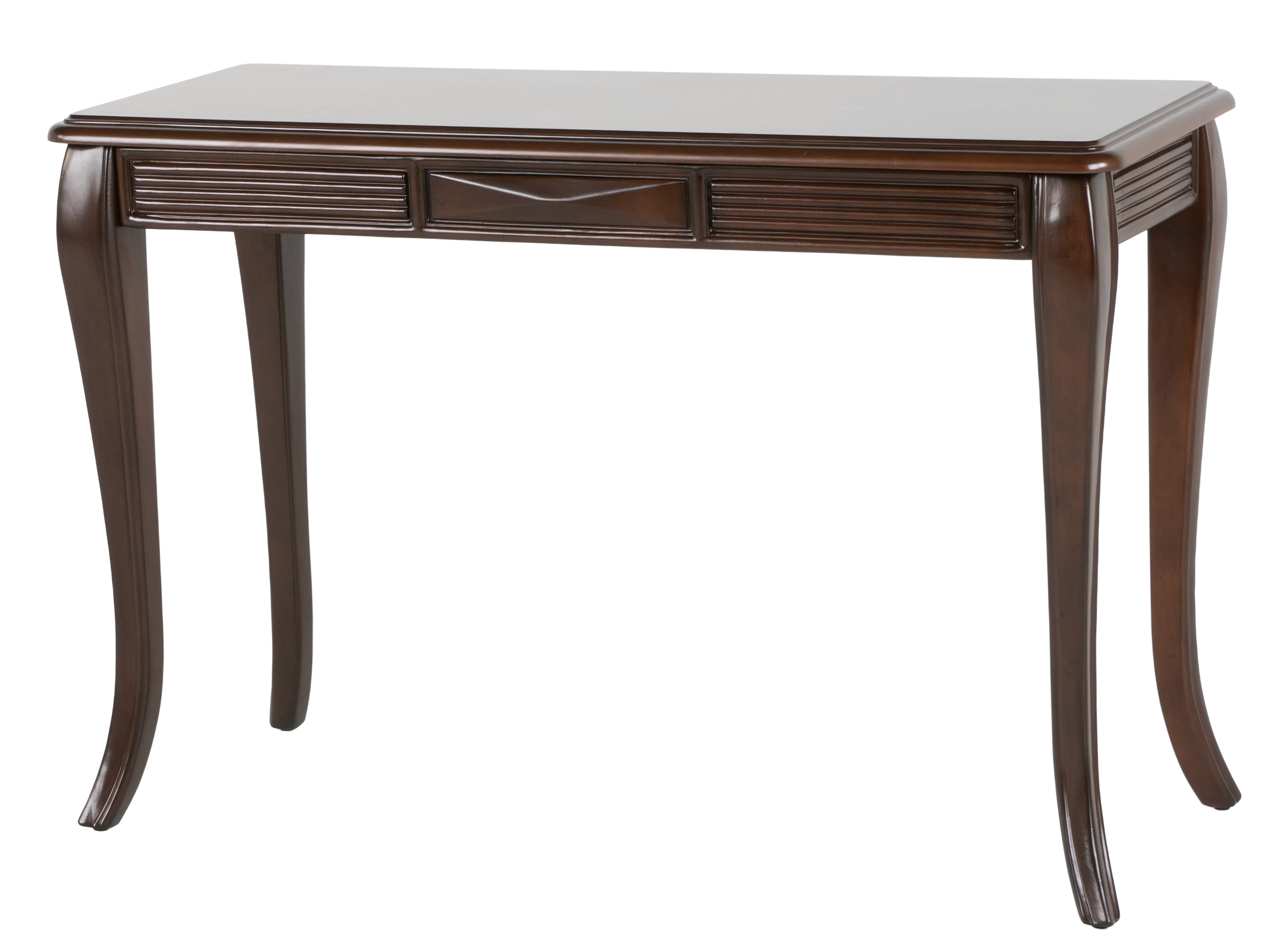 Transitional Dark Brown Sofa Table with Framed Inlay-Style Top, Fluted Apron Details & Curved Legs