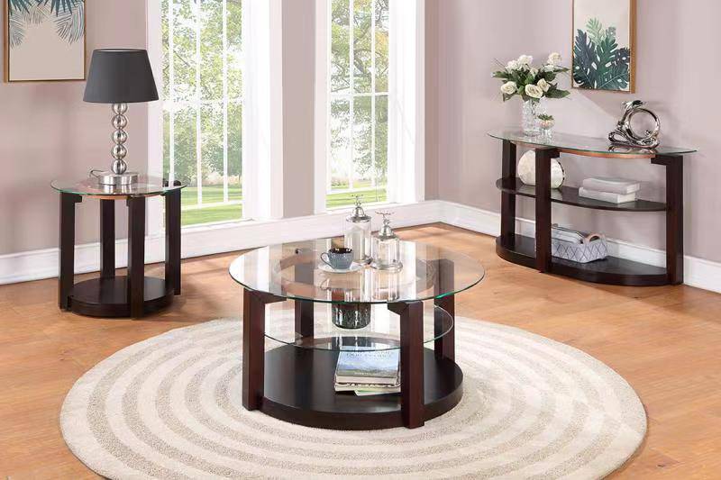 Avery 3-Piece Round Glass Coffee Table Set in Cherry Finish