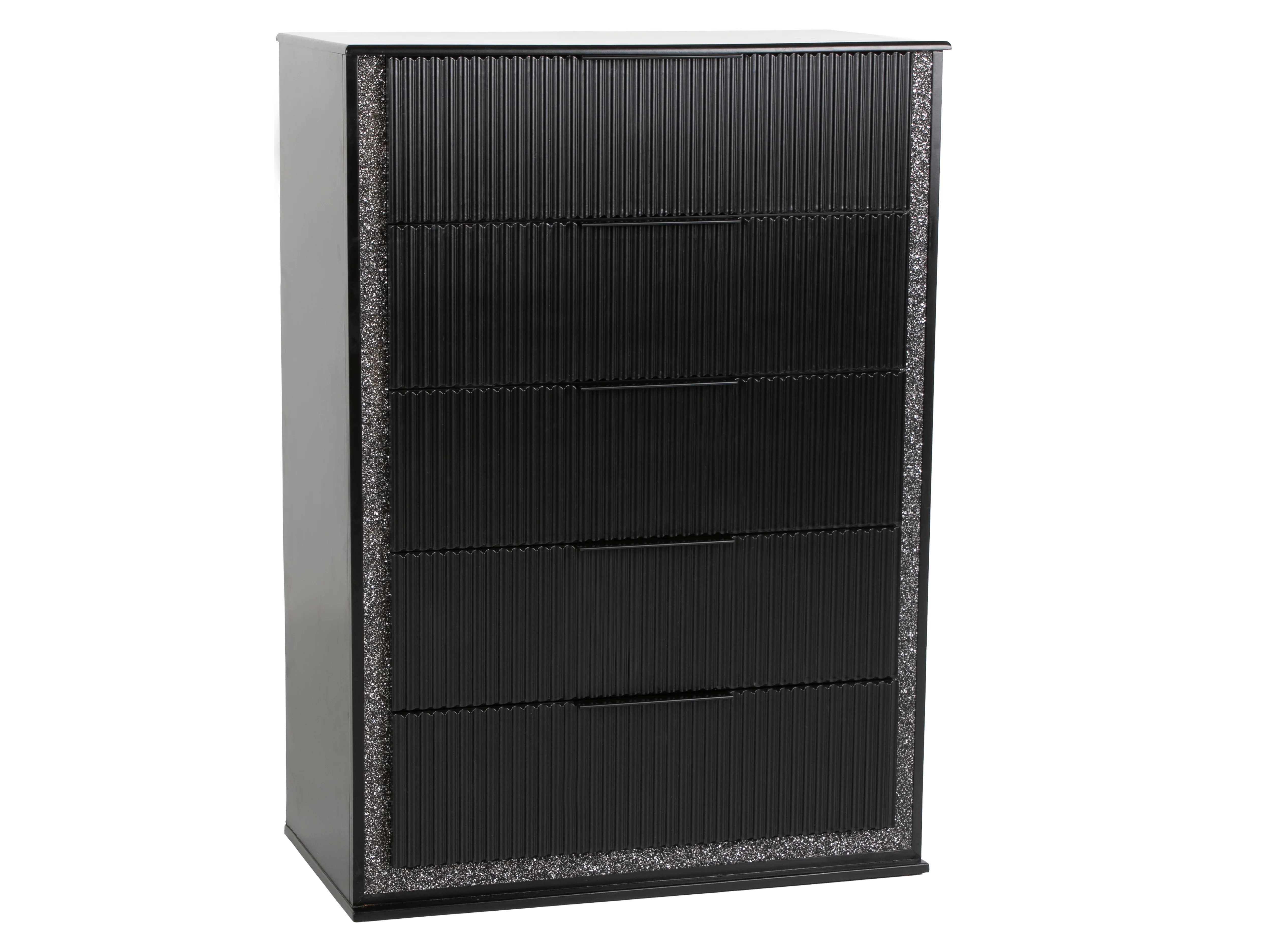 Modern Glam Black 5-Drawer Chest with Bling Trim & Felt-Lined Top Drawer
