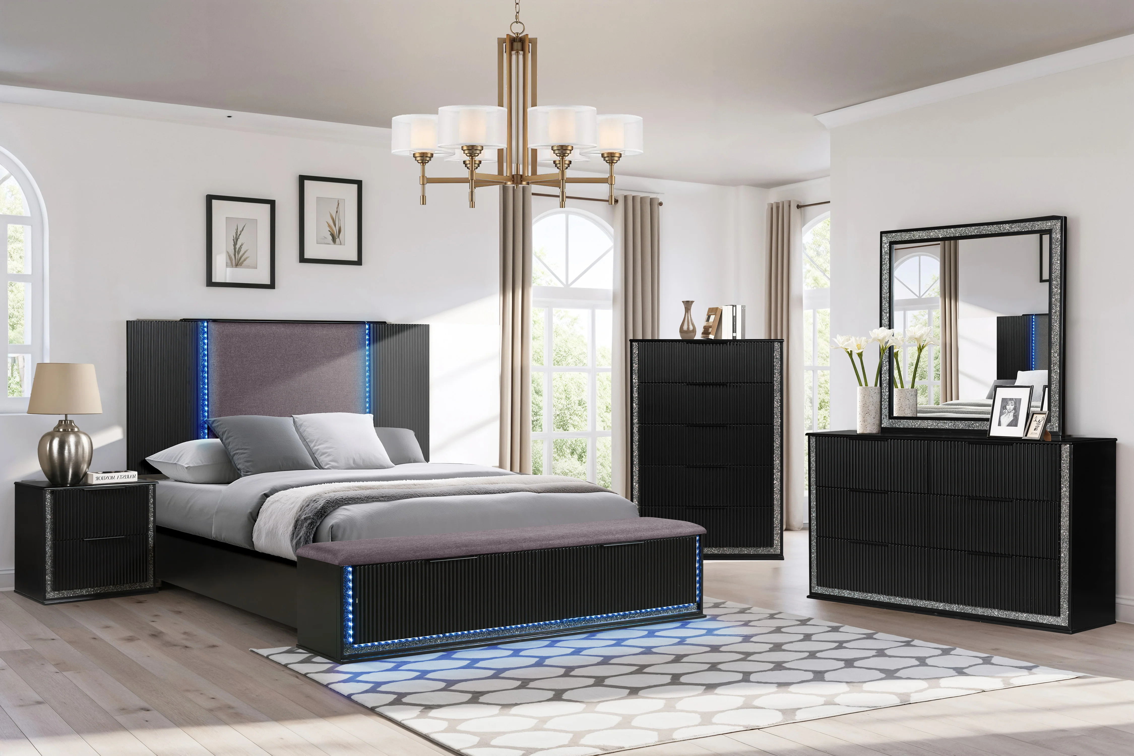 Modern Glam Black 5-Drawer Chest with Bling Trim & Felt-Lined Top Drawer