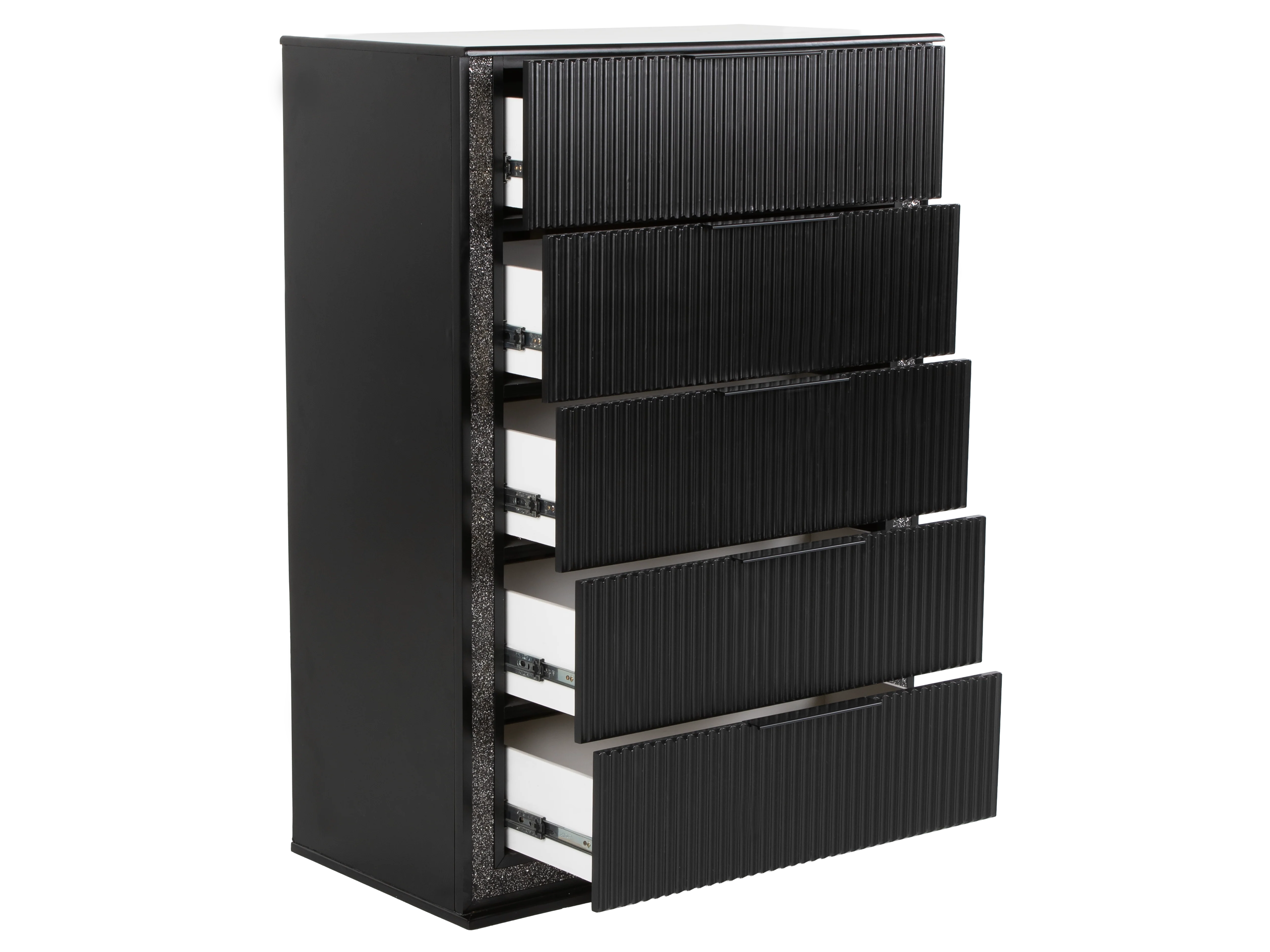 Modern Glam Black 5-Drawer Chest with Bling Trim & Felt-Lined Top Drawer