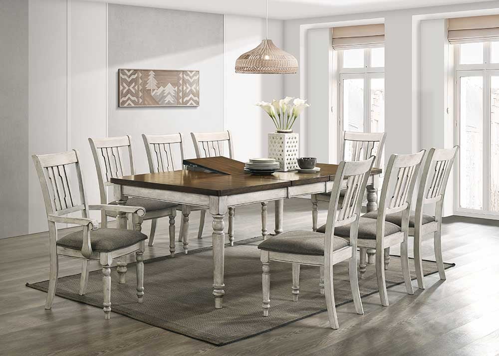 220-9-piece-farmhouse-dining-set-with-turned-legs-and-upholstered-chairs-1.jpg 9-Piece Farmhouse Dining Set with Turned Legs and Upholstered Chairs