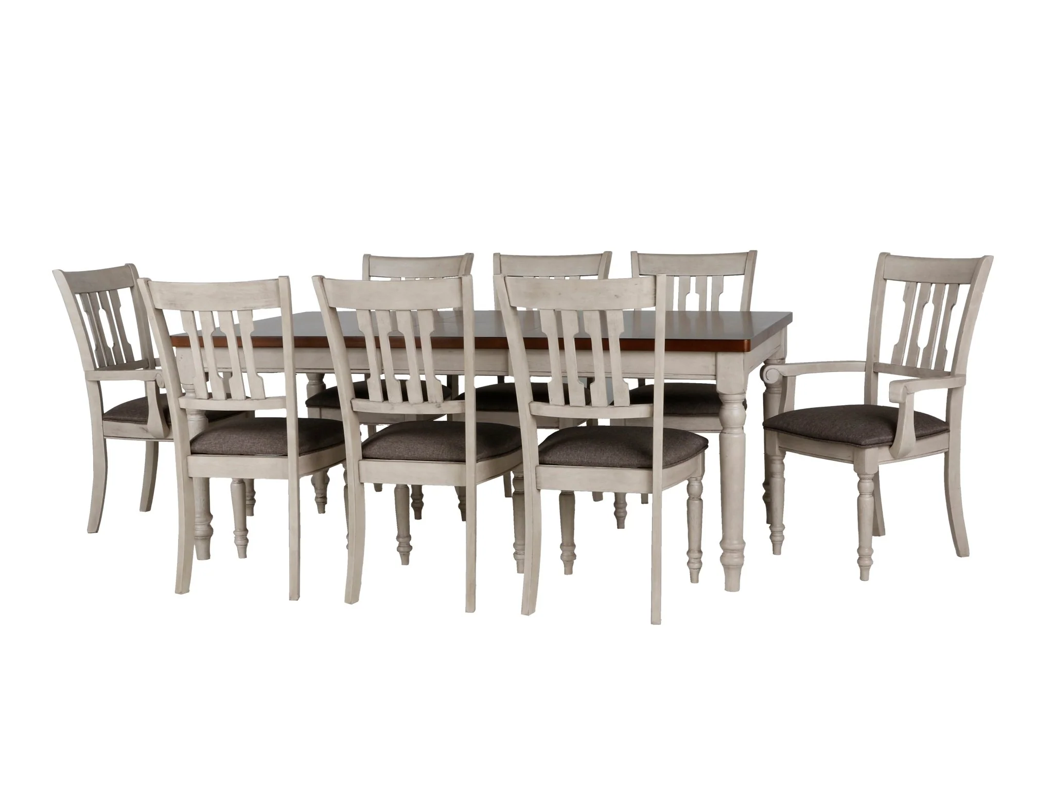 220-9-piece-farmhouse-dining-set-with-turned-legs-and-upholstered-chairs-2.webp 9-Piece Farmhouse Dining Set with Turned Legs and Upholstered Chairs
