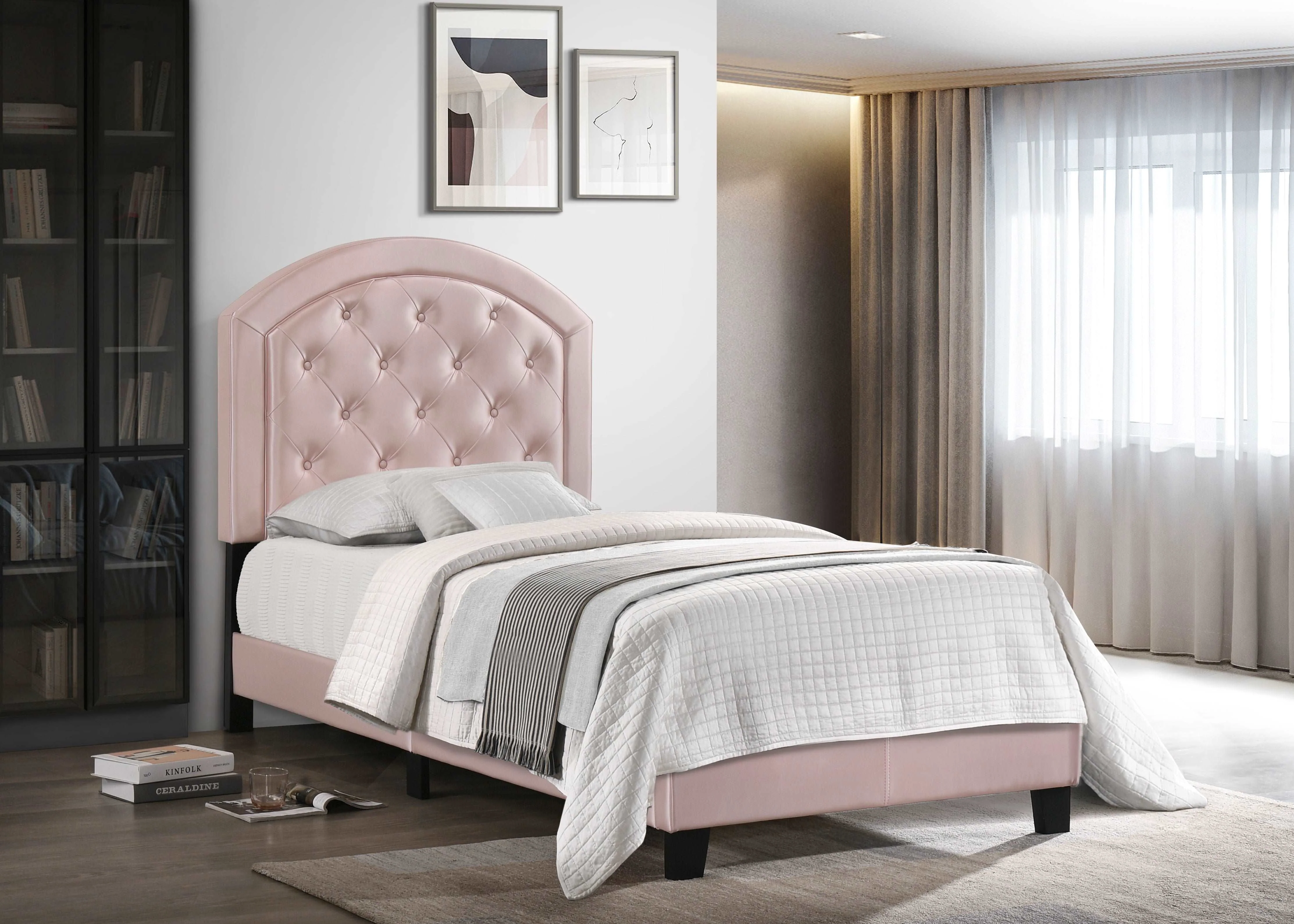 Pink Tufted Upholstered Youth Bed — Arched Headboard (Full)