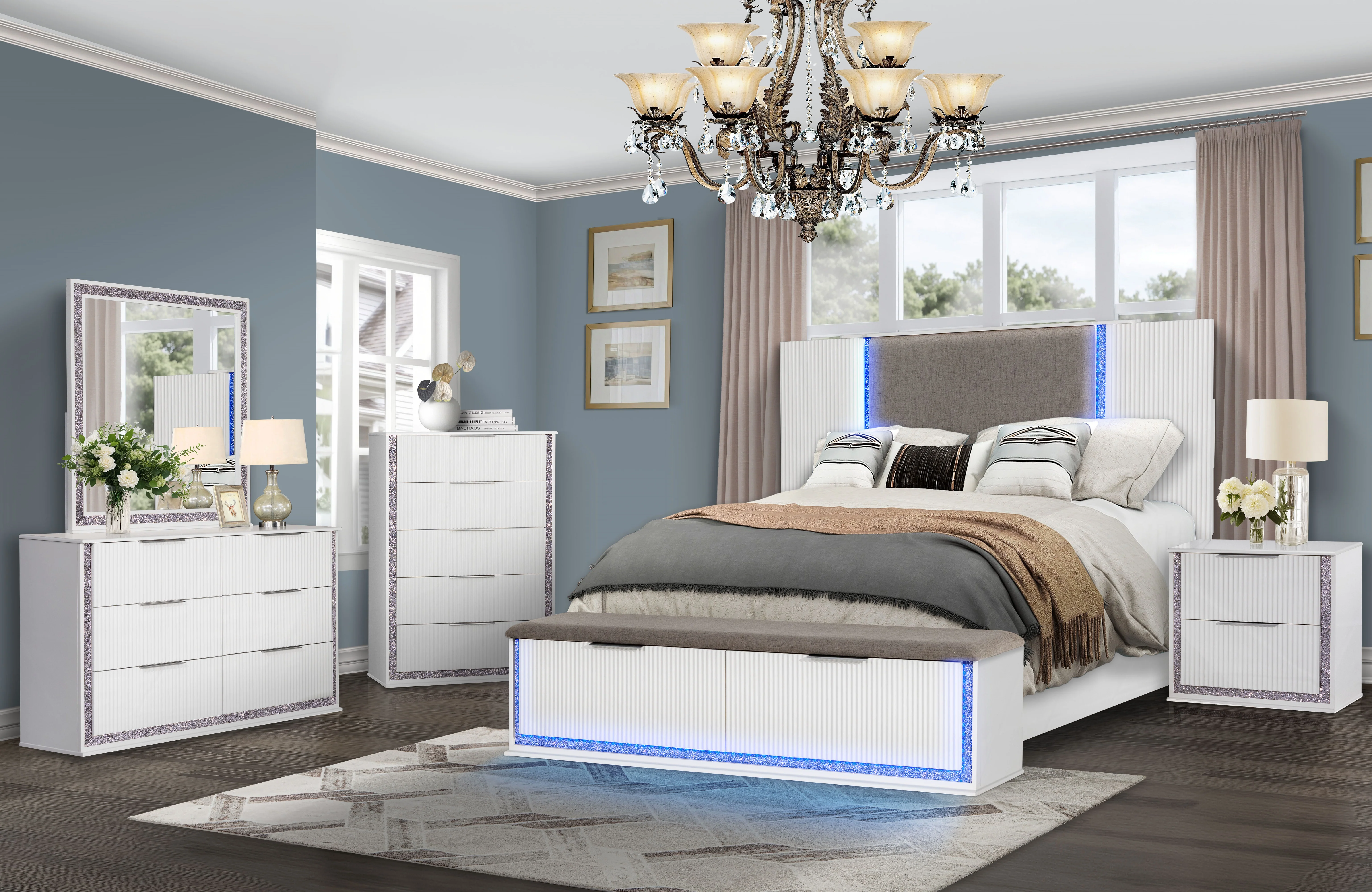 Aurora White 2-Drawer Nightstand with Shimmer Trim