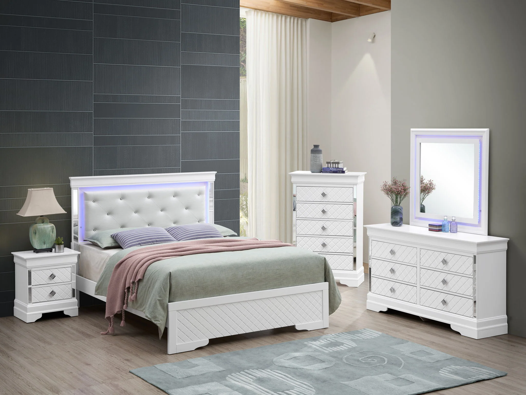 Bed With LED Light Accents Headboard