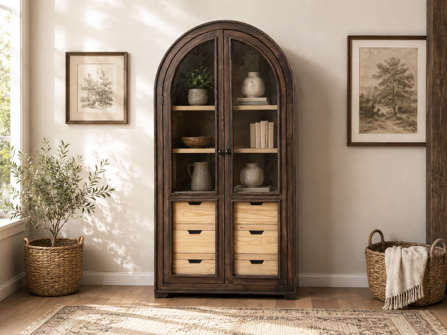 Rustic Brown Arched Glass Door Curio Cabinet with 6 Drawers