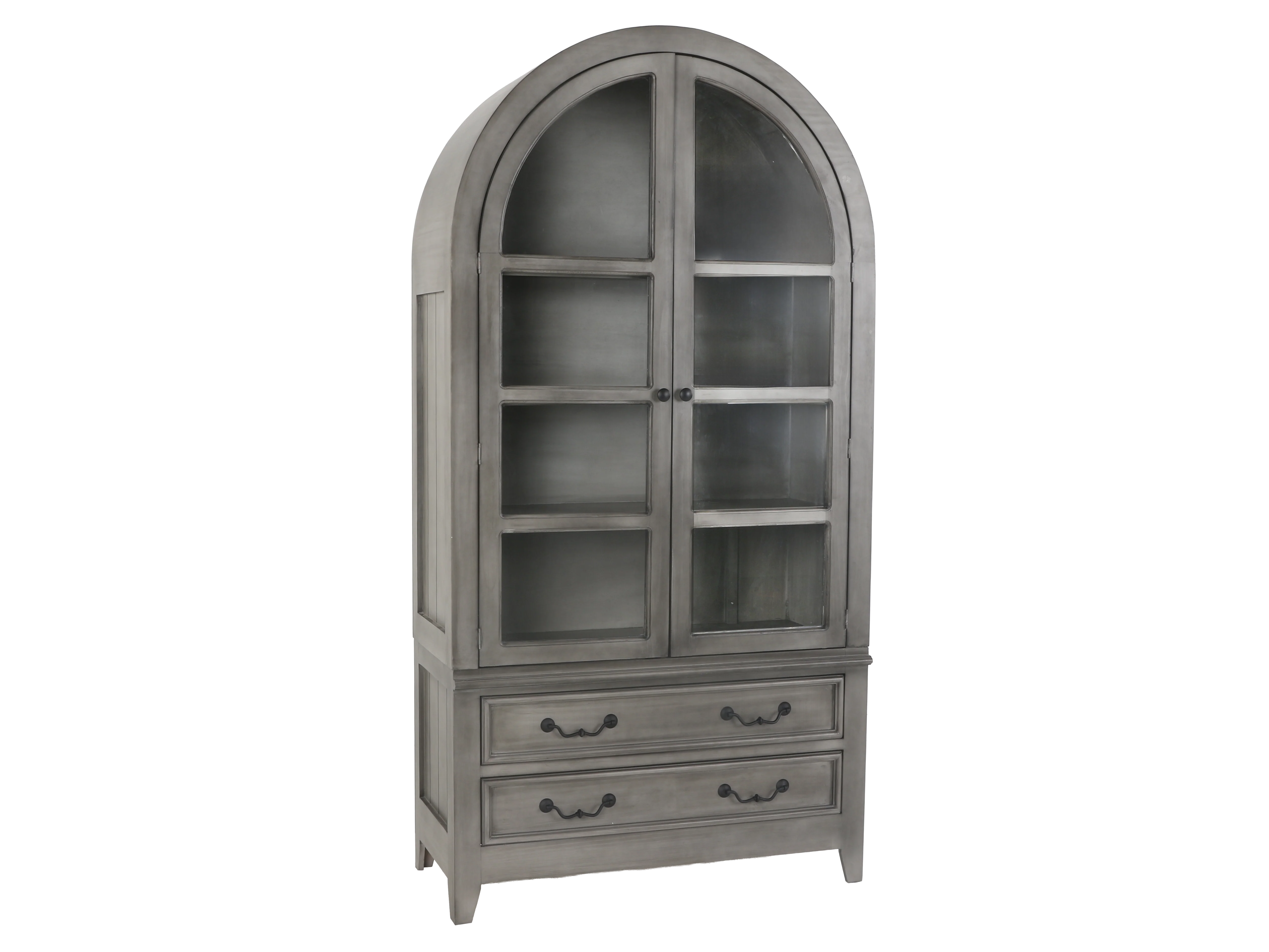 2368-arched-gray-display-cabinet-with-glass-doors-storage-drawers-1.webp Arched Gray Display Cabinet with Glass Doors & Storage Drawers
