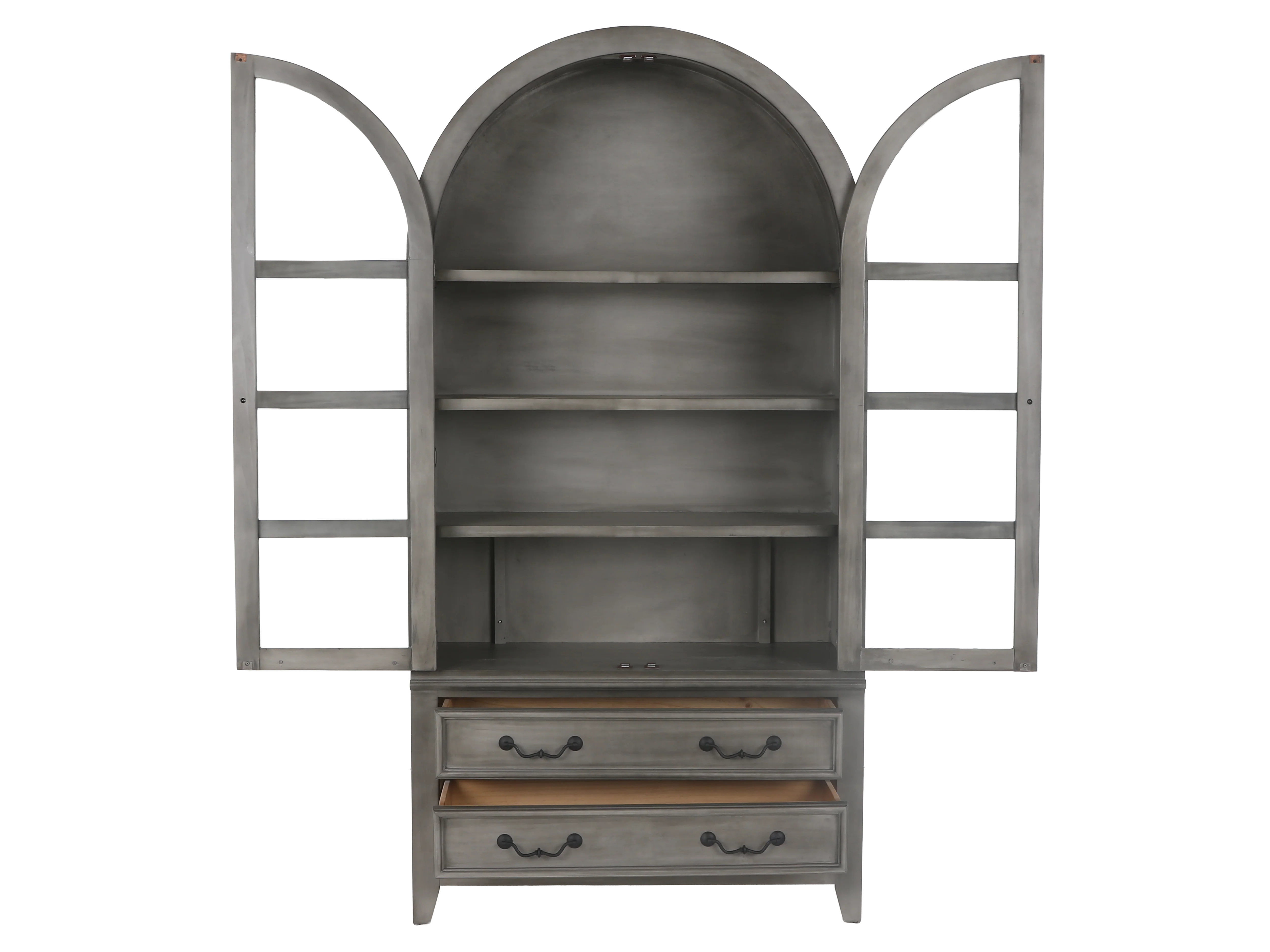 2368-arched-gray-display-cabinet-with-glass-doors-storage-drawers-3.webp Arched Gray Display Cabinet with Glass Doors & Storage Drawers